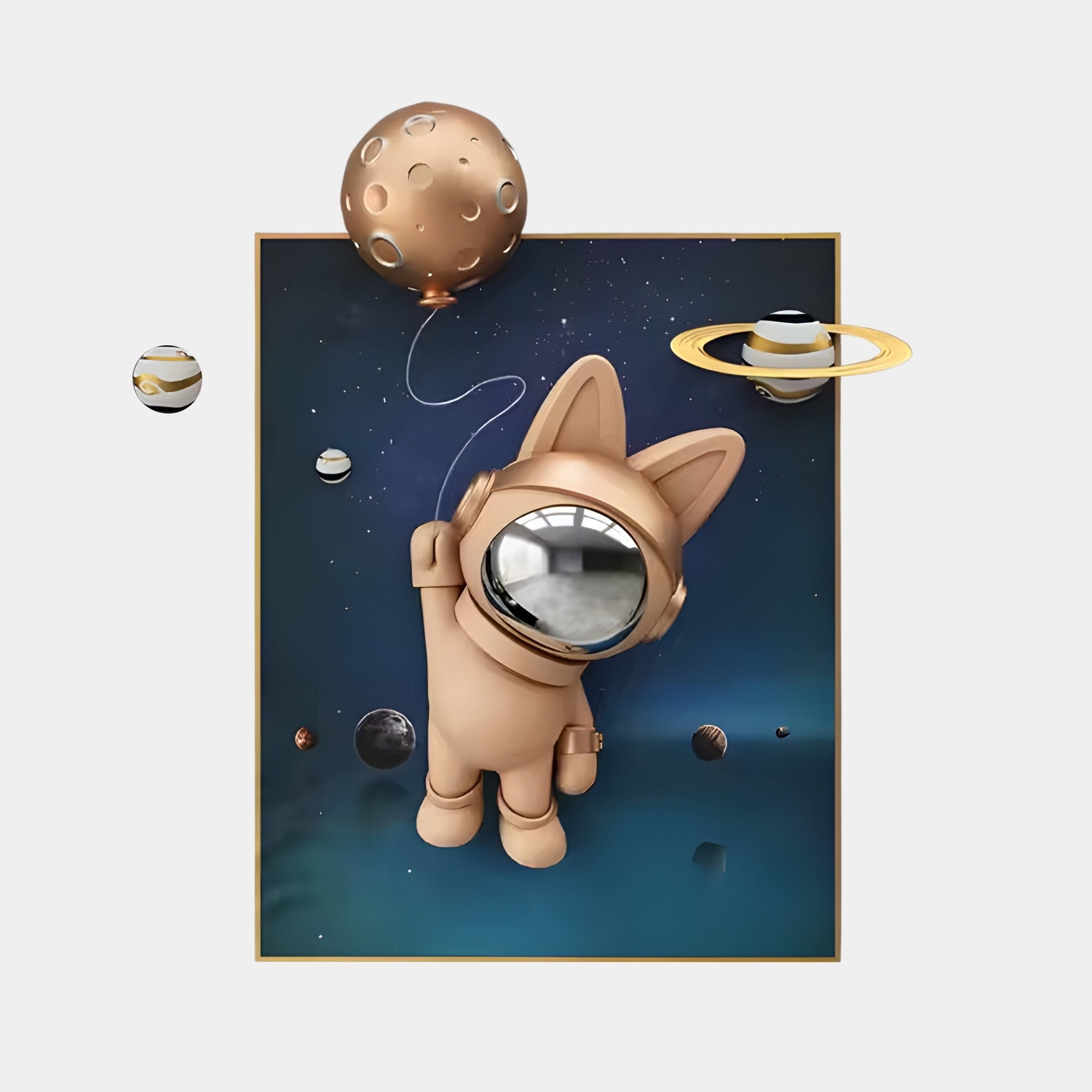 Giant Sculptures Rose Gold 3D Astronaut Bunny Balloon Starry Wall Art features a whimsical astronaut with a mirror helmet and cat-like ears, reaching for a bunny balloon against a dark starry background with ringed planets.