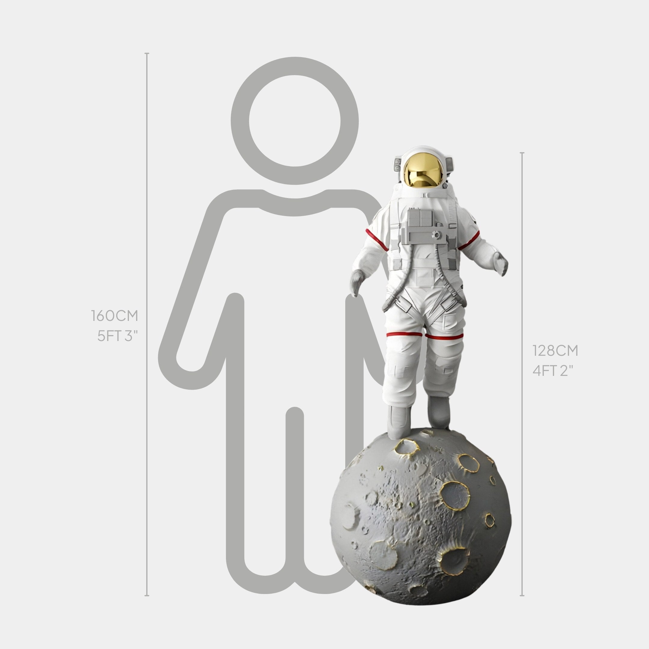 A White & Grey Space Astronaut Moonwalk Sculpture by Giant Sculptures, standing 128 cm (4 ft 2 in), is displayed with a human silhouette at 160 cm (5 ft 3 in), showcasing a moonwalk-inspired scene.