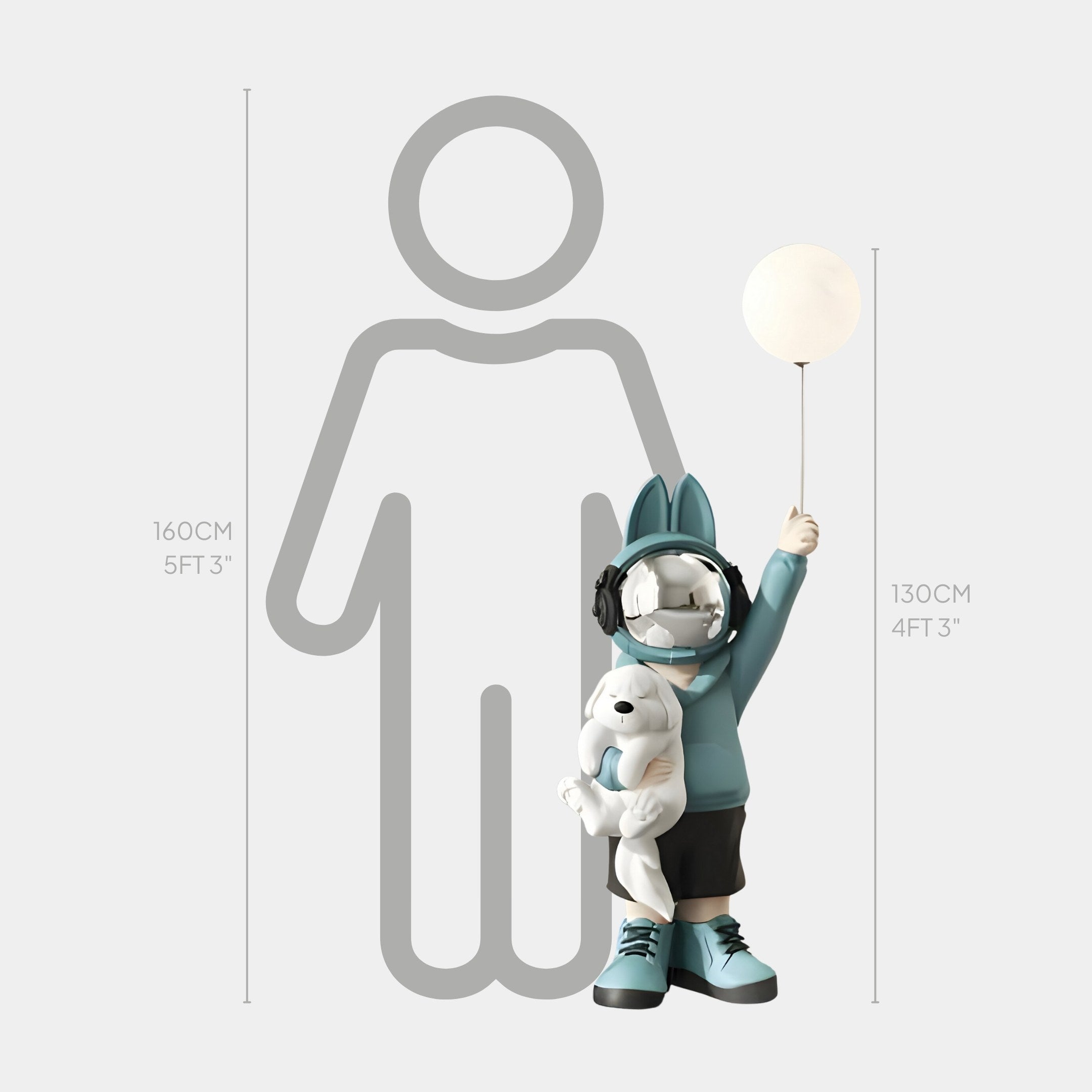 Giant Sculptures Blue Astronaut Bunny Pup Glow Balloon Sculpture is a 130 cm tall space-themed décor piece featuring a bunny in a blue outfit and matching ears, holding a white dog plushie, all beside the silhouette of a person.