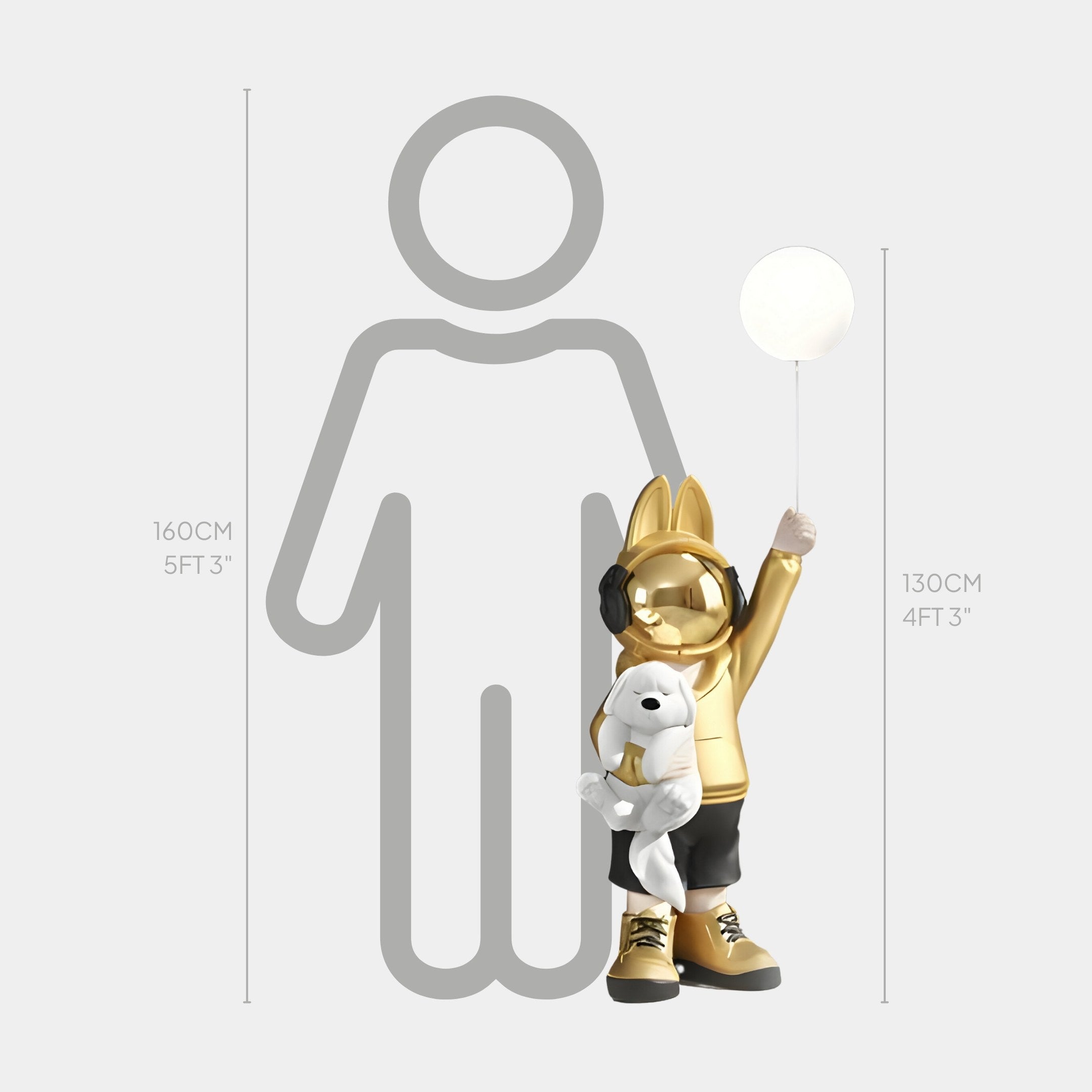 The Gold Astronaut Bunny Pup Glow Balloon Sculpture by Giant Sculptures, standing 130 cm (4 ft 3 in) tall with space-themed décor vibes, is placed beside a gray outline of an adult human measuring 160 cm (5 ft 3 in).