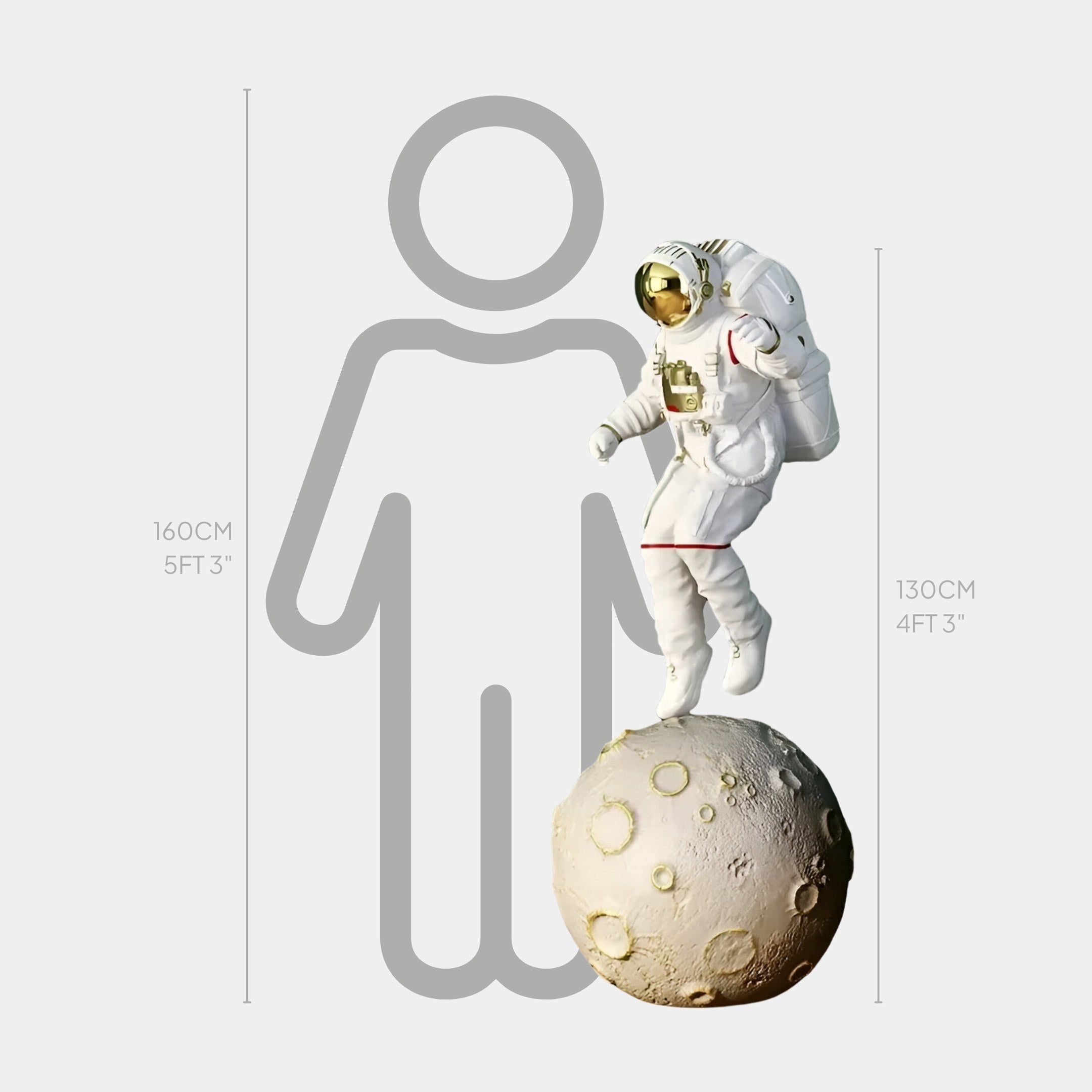 The Giant Sculptures White Space Astronaut Moon Explorer Sculpture stands at 130 cm (4 ft 3 in), contrasting with a 160 cm (5 ft 3 in) person outline, making it ideal for space-themed décor.