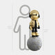 The Celestial Gold Astronaut Beats On Moon Sculpture by Giant Sculptures features a gold-and-black astronaut with a shimmering gold helmet and jacket, black boots and pants, standing on a moon base. A gray figure silhouette nearby provides measurements in cm and feet. Total height is 140cm.