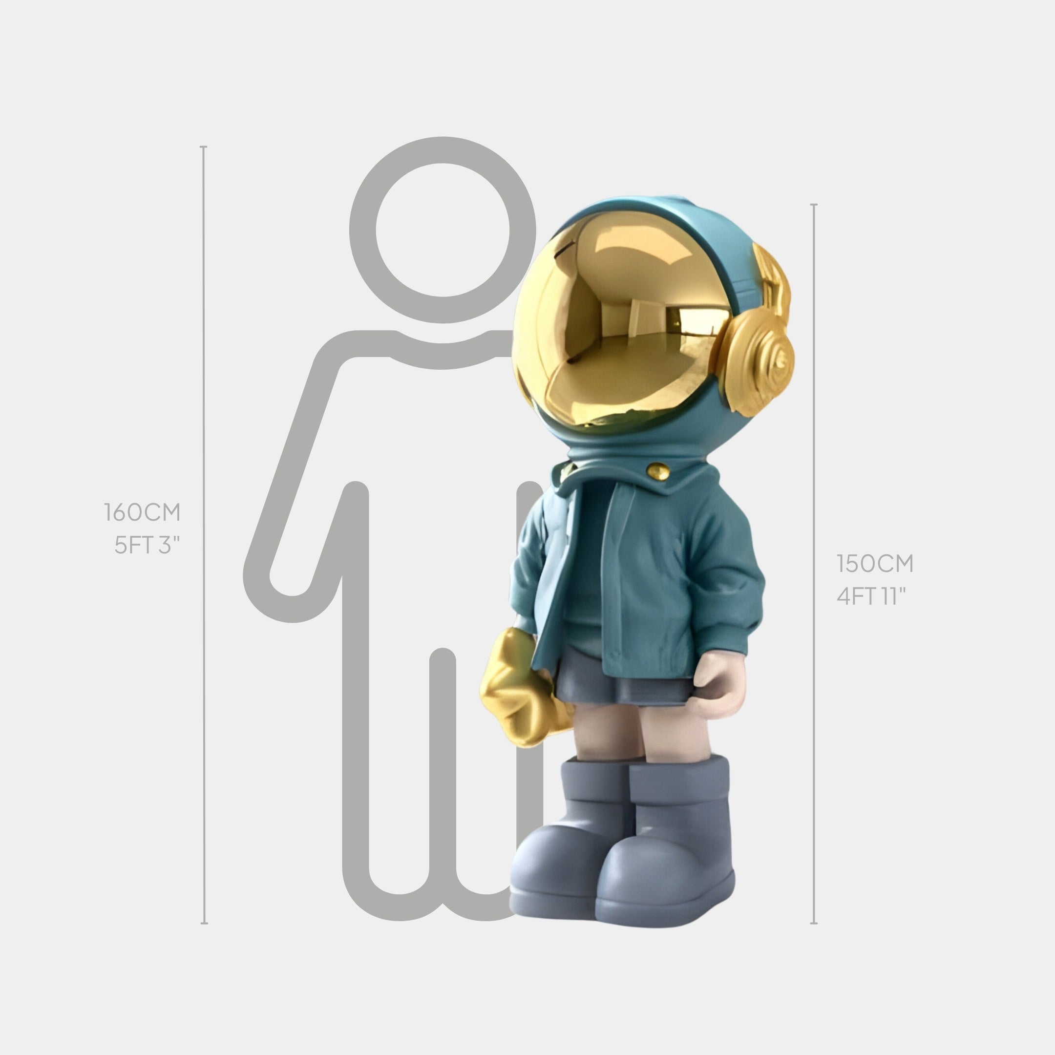 The Galactic Blue Astronaut Beats Sculpture by Giant Sculptures features a golden helmet and teal suit, embodying the adventurous spirit of space exploration. At 150 cm tall, it stands beside a 160 cm human silhouette for scale, adding celestial charm to any decor.