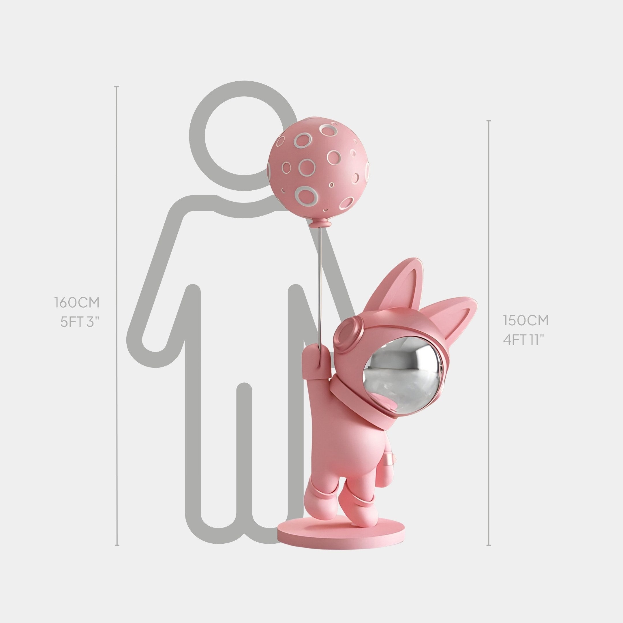 The Candy Pink Astronaut Bunny Moon Balloon Sculpture by Giant Sculptures features a shiny helmet and a whimsical balloon with dotted patterns. At 150 cm tall, it stands next to a gray human outline measuring 160 cm.