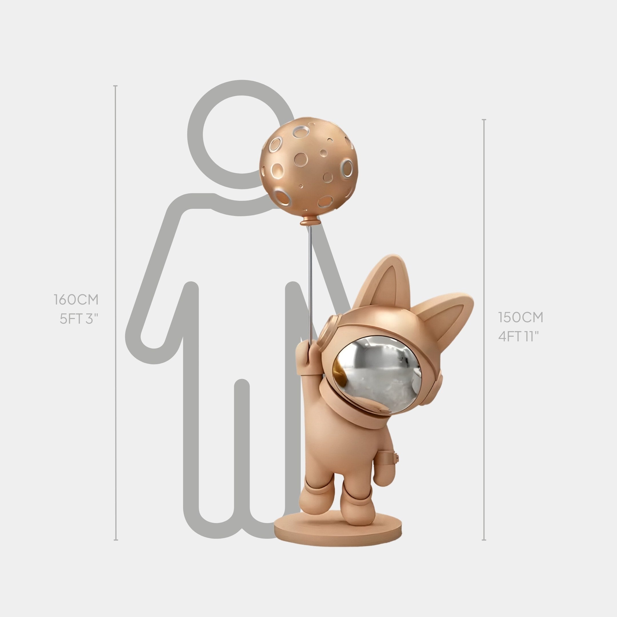 The Rose Gold Astronaut Bunny Moon Balloon Sculpture by Giant Sculptures stands at 4ft 11in (150cm), showcasing a cosmic helmeted bunny flanked by height sketches of 5ft 3in (160cm) and 4ft 11in (150cm).