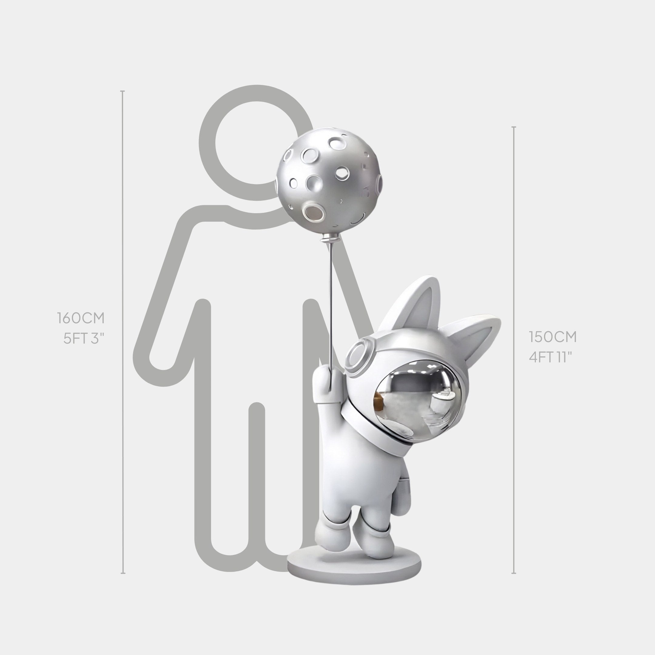 The Cosmic Chrome Astronaut Bunny Moon Balloon Sculpture by Giant Sculptures displays a cartoonish bunny with a reflective helmet and lunar balloon, standing at 150 cm (4 ft 11 in) tall. Nearby is a silhouette marking the height of 160 cm (5 ft 3 in).