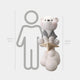 Scale comparison showing the 150cm Soft Grey Cloudsit Glider Bear Sculpture by Giant Sculptures beside a 160cm human silhouette on a light grey background.