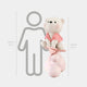 Scale comparison showing the Blush Pink Cloudsit Glider Bear Sculpture at 150cm beside a 160cm human silhouette on a light grey background.