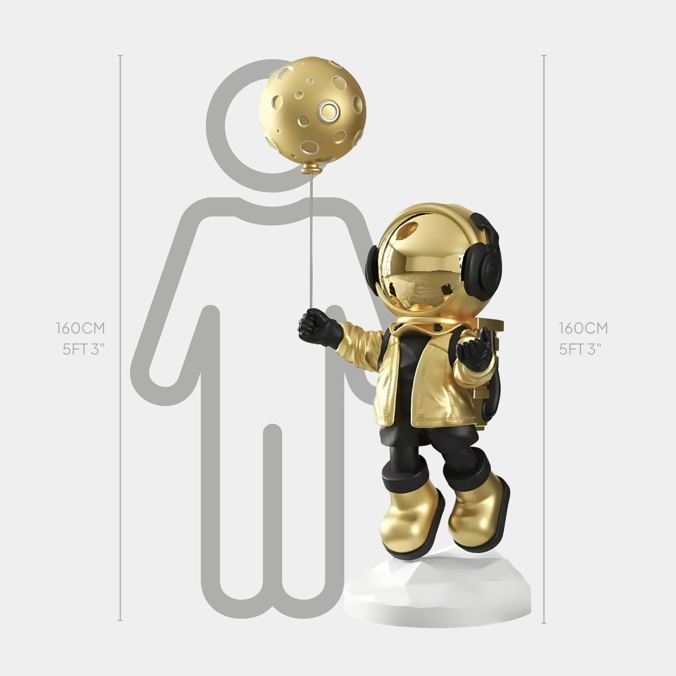 The Celestial Gold Astronaut Moon Balloon Sculpture by Giant Sculptures stands 160 cm tall (5 ft 3 in) with a futuristic design featuring a helmet, headphones, and jacket on a white base.