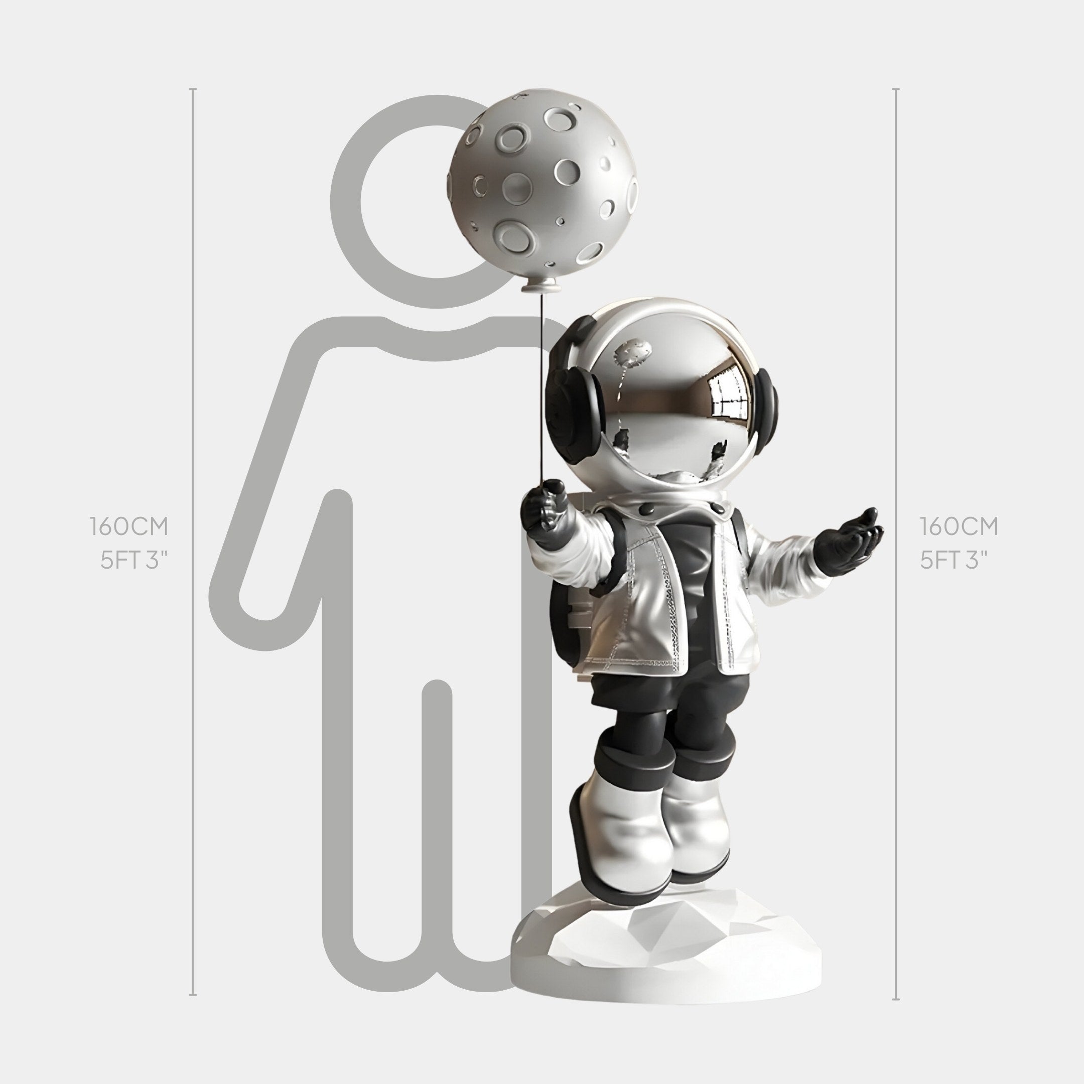 Giant Sculptures Lunar Silver Astronaut Moon Balloon Sculpture - 160cm features a futuristic silver astronaut with a reflective helmet and headphones, holding a moon-like balloon atop a geometric base. Height: 160 cm (5 ft 3 in).