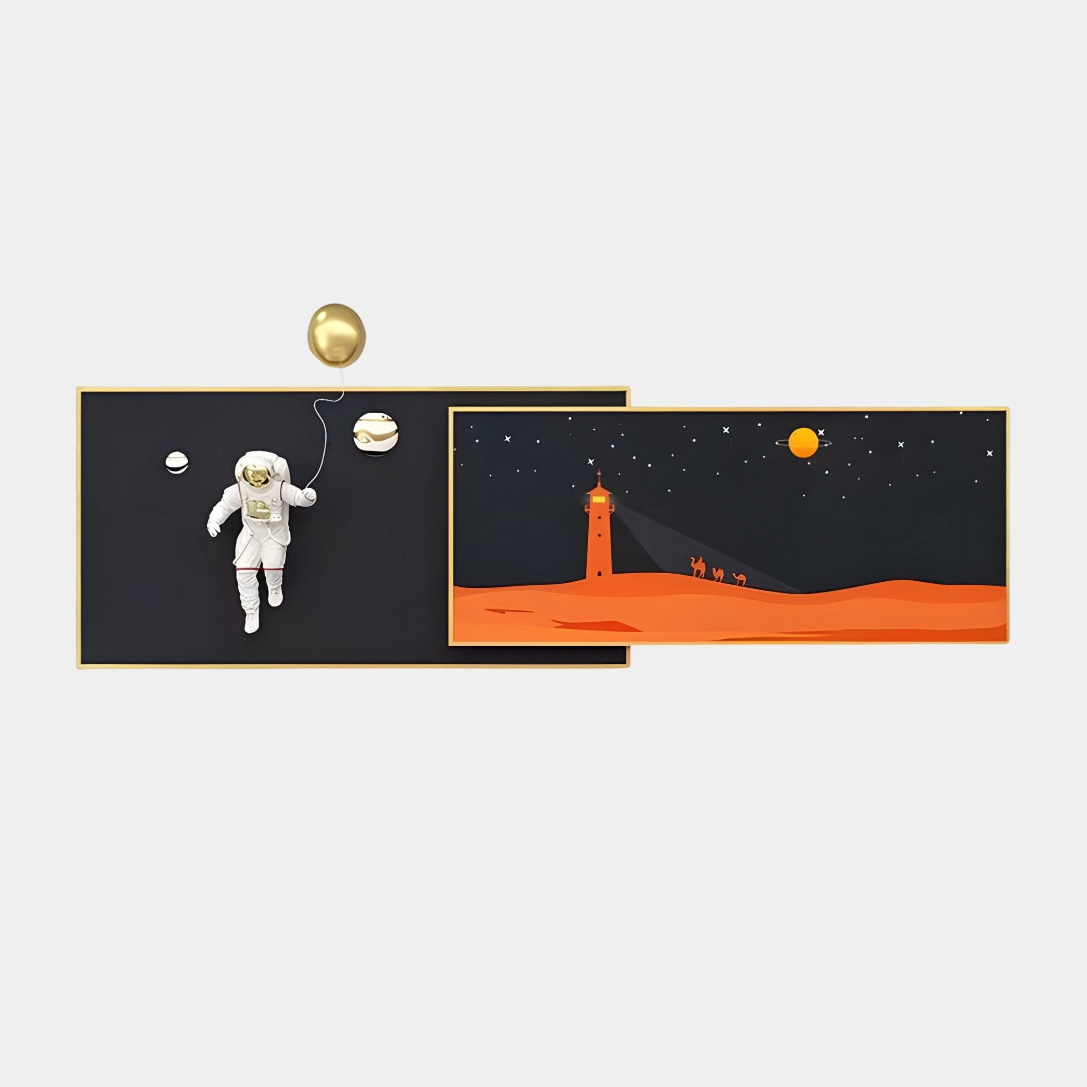 The 3D Space Astronaut & Lighthouse Dual-Panel Rectangular Wall Art by Giant Sculptures features an astronaut with a golden balloon on a black backdrop alongside a night desert scene with camels, orange dunes, and a crescent moon, all elegantly framed in gold.