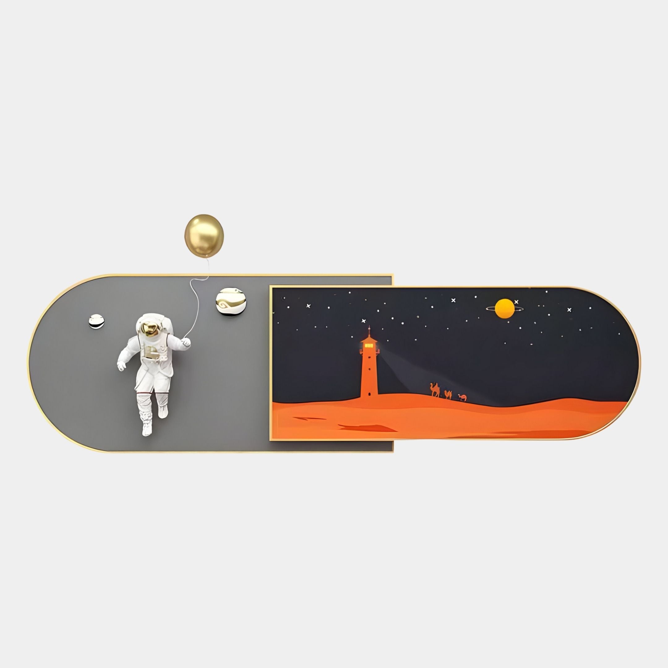 The 3D Space Astronaut & Lighthouse Dual-Panel Wall Art by Giant Sculptures features a minimalist astronaut with a gold balloon beside an imaginative scene of an orange desert, camels, lighthouse art, and a starry night sky.