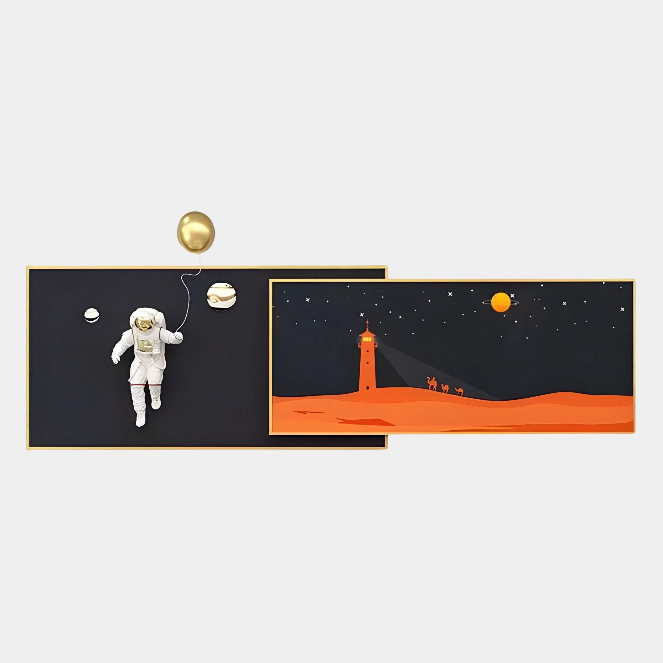 The Giant Sculptures 3D Space Astronaut & Lighthouse Dual-Panel Rectangular Wall Art combines a striking astronaut and a tranquil desert lighthouse scene, ideal for adding modern elegance to minimalist interiors.