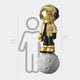 Celestial Gold Astronaut Beats On Moon Sculpture by Giant Sculptures shown in a scale comparison with a 160cm human silhouette, highlighting its 210cm height, featuring gold and black resin finish on a grey cratered moon base against a light background.