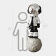 Scale comparison showing the 210cm Lunar Silver Astronaut Beats On Moon Sculpture by Giant Sculptures beside a 160cm human silhouette on a light grey background.