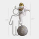The White Space Astronaut Moon Strider Sculpture by Giant Sculptures stands 210cm tall, featuring an astronaut in a white suit posed on a moon sphere. Height markers at 160cm and 210cm show scale—ideal for modern spaces and moon strider enthusiasts.