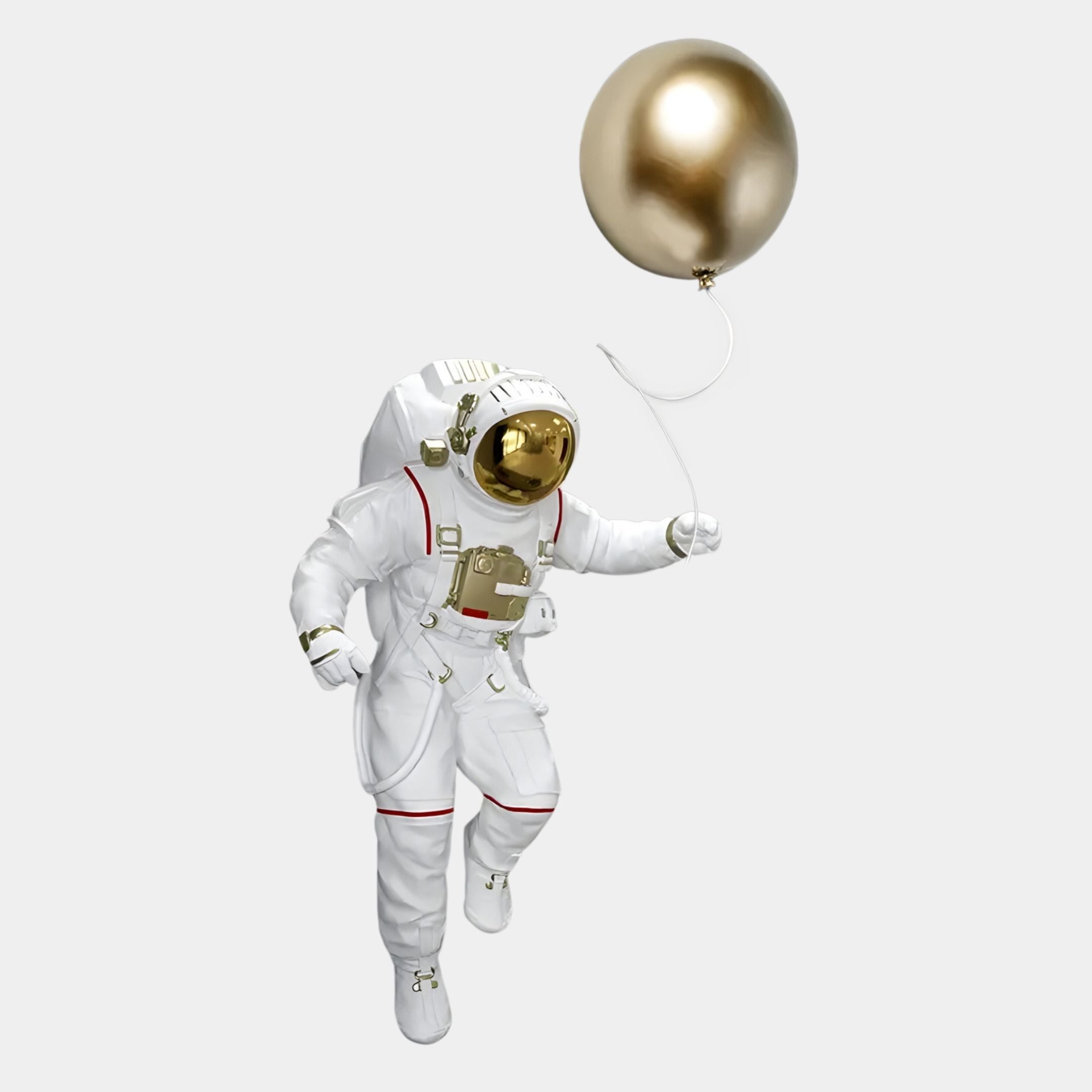 The White 3D Cosmic Lift Balloon Astronaut Wall Art (40cm) by Giant Sculptures features an astronaut in a white suit with gold accents holding a gold balloon, set against a light gray background—ideal for cosmic-themed decor.