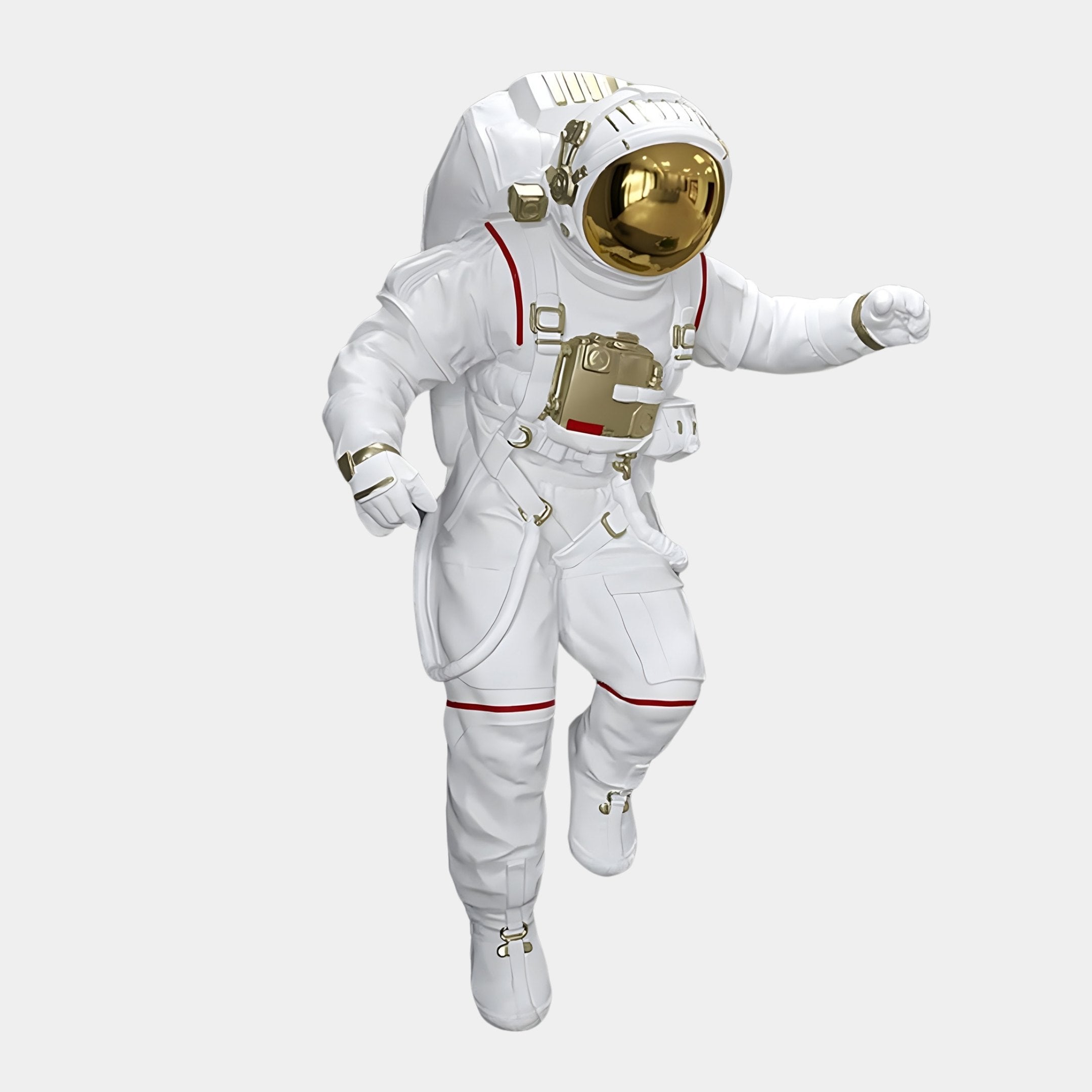 The Giant Sculptures White 3D Cosmic Lift Astronaut Wall Art - 40cm features an astronaut in a white spacesuit with gold accents and a reflective visor, appearing to float or walk in space against a plain white background, enhancing your space decor.