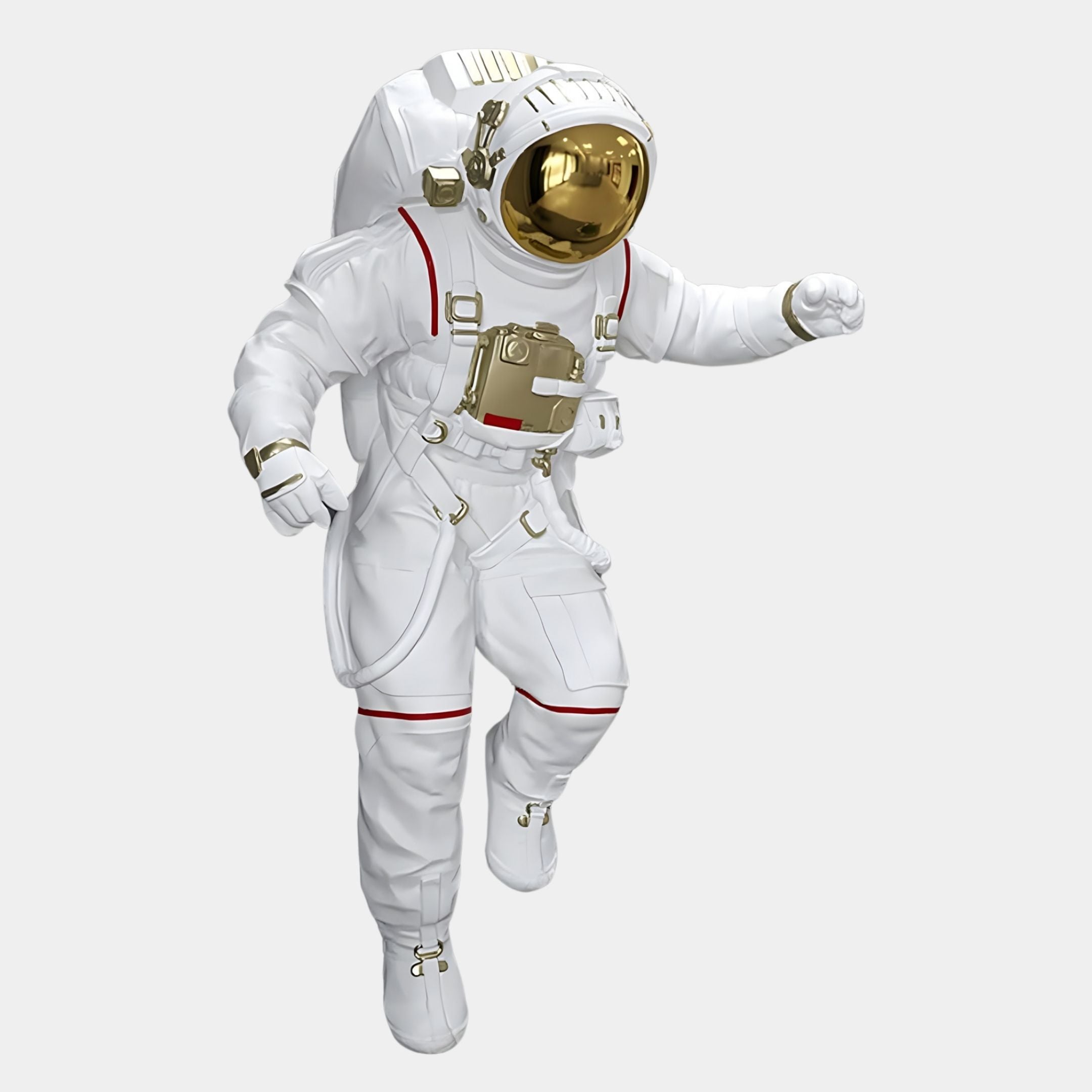 A figure in a modern white and gold spacesuit appears to float, resembling the White 3D Cosmic Lift Astronaut Wall Art (40cm) by Giant Sculptures—an eye-catching piece for unique space-themed décor.