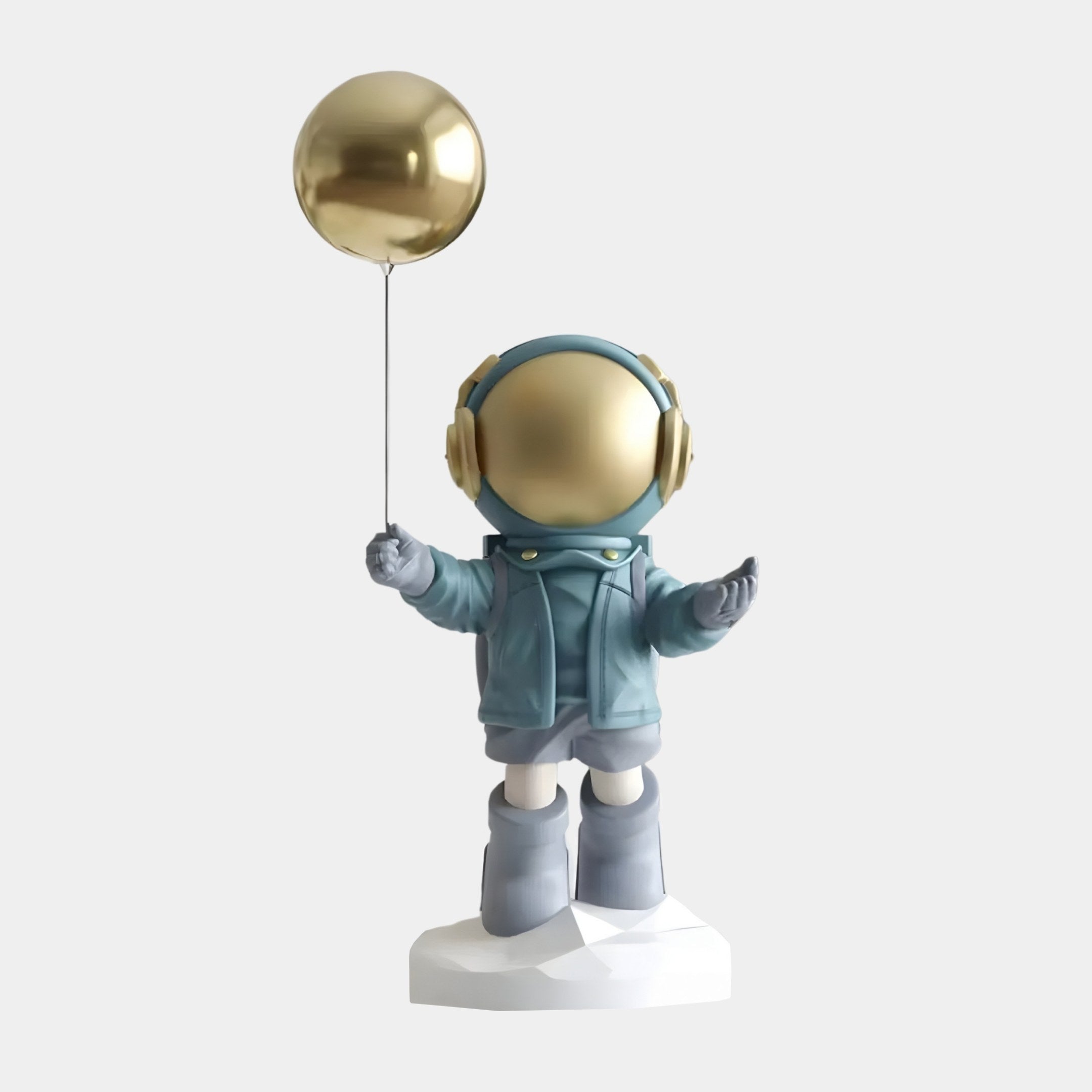 The Galactic Blue Astronaut Balloon Figure by Giant Sculptures is a 42cm resin collectible featuring a small figure in a blue jacket and gray boots on a white base, with a reflective gold face and shiny balloon. Perfect for any space-themed art collection.