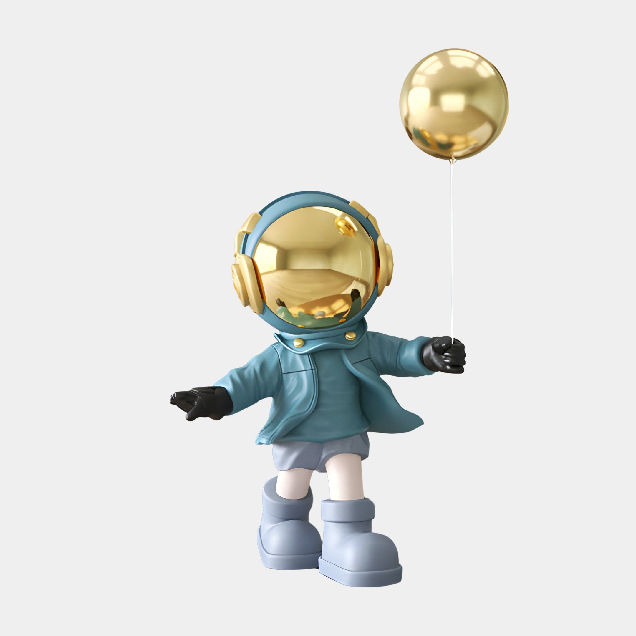 The Galactic Blue Astronaut Balloon Standing Figure from Giant Sculptures features a teal suit and boots, a reflective gold helmet with headphones, and a shimmering gold balloon. Set against a plain white backdrop, it highlights its whimsical design in 48cm glory.