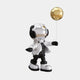 The Giant Sculptures 48cm Lunar Silver Astronaut Balloon Standing Figure is a futuristic decor piece featuring a reflective helmet, white jacket with black pants, and holds a shiny gold balloon.