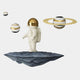 The White & Gold Orbit Odyssey Astronaut 3D Wall Art by Giant Sculptures features a small astronaut with a gold helmet on a floating rock amid black, white, and gold planets—ideal for space lovers and modern decor.