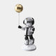 The Lunar Silver Astronaut Balloon Sculpture - 55cm by Giant Sculptures features an astronaut in a shiny space suit holding a golden balloon on a string, standing on a minimalist round white base that captures the essence of a cosmic theme against a light gray backdrop.