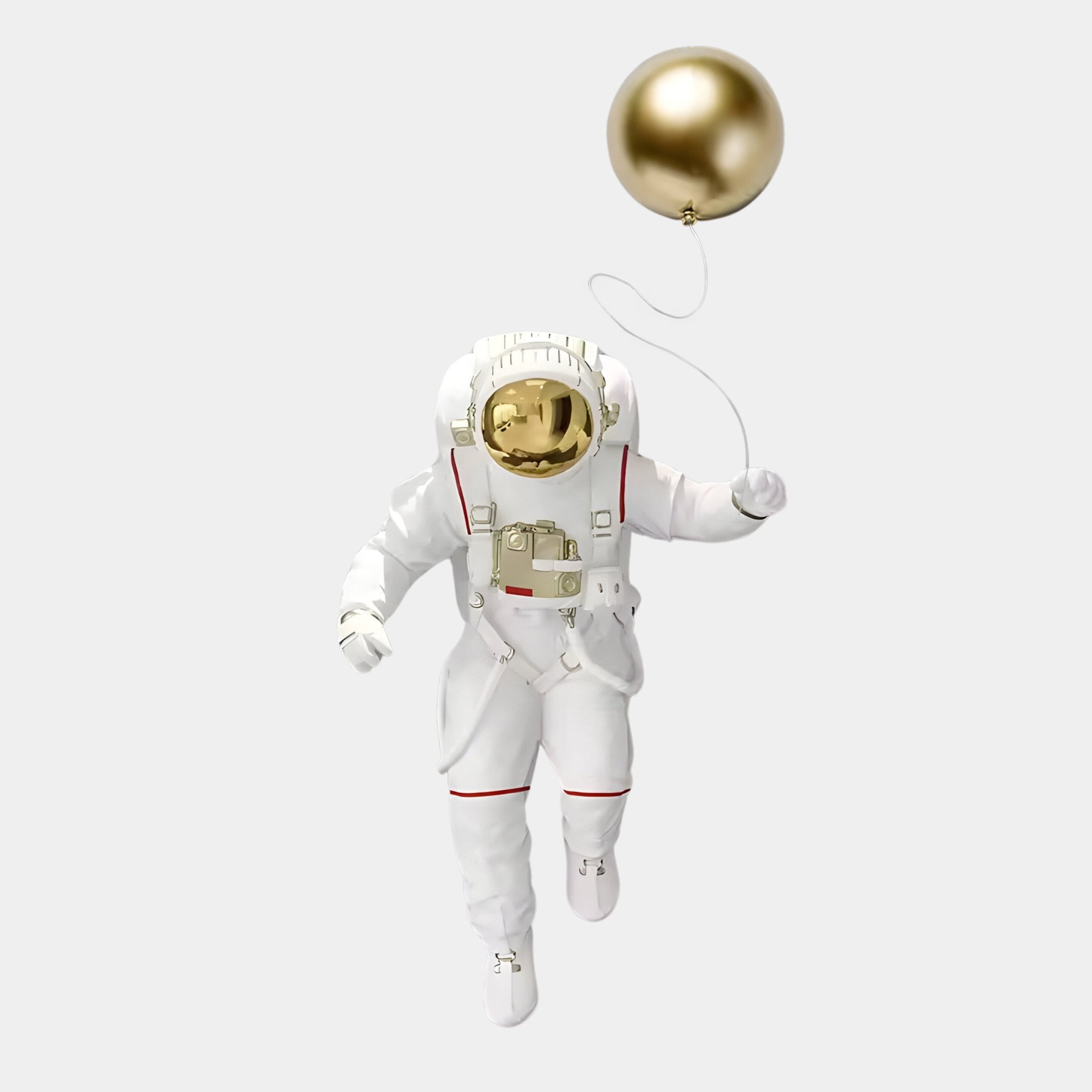 An astronaut in a white space suit floats with a golden balloon, crafted by Giant Sculptures. This White 3D Cosmic Lift Balloon Astronaut Wall Art (58cm) contrasts beautifully against the light gray background, offering surreal decorative charm.