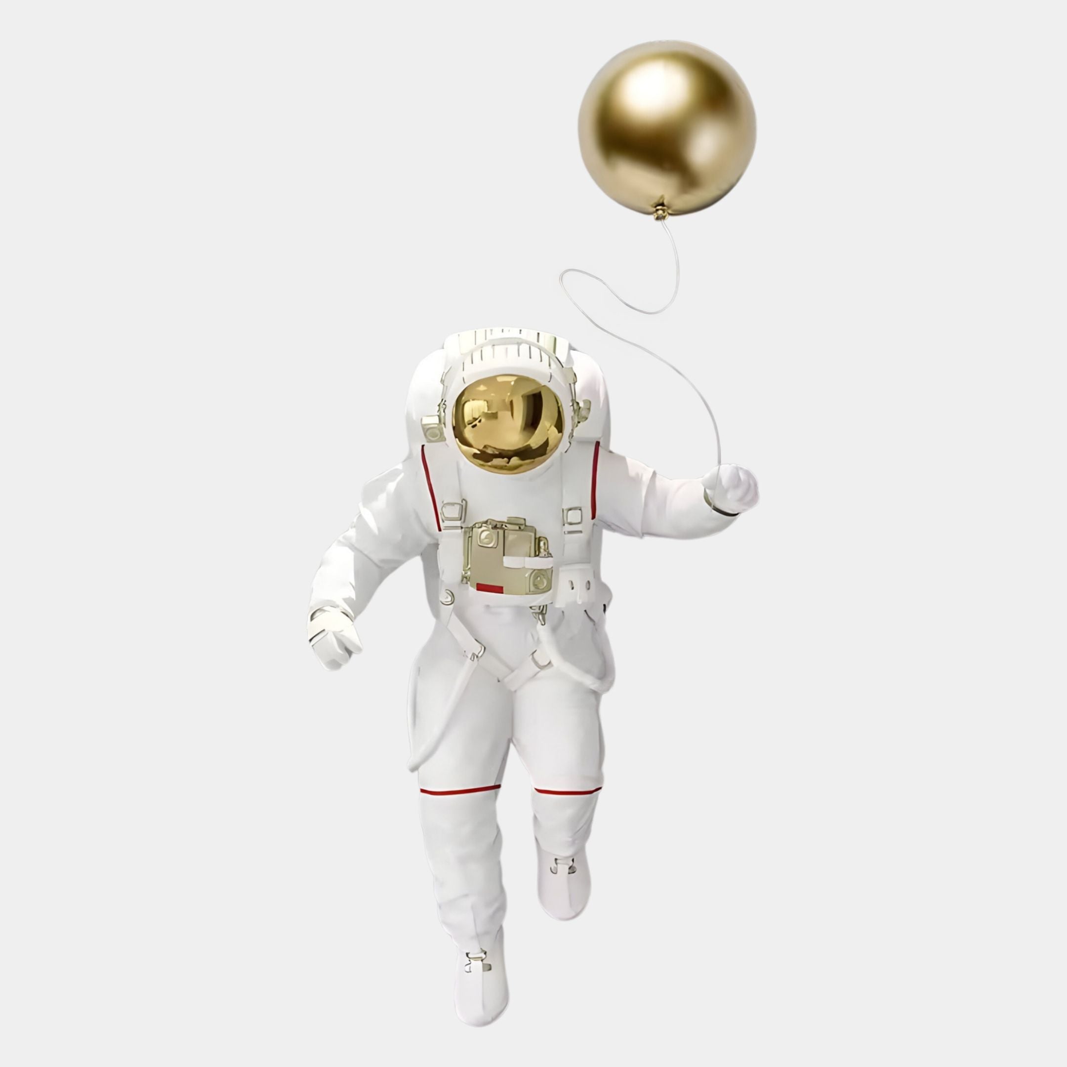 A white 58cm astronaut with gold accents holds a gold balloon, floating in midair—ideal as Giant Sculptures White 3D Cosmic Lift Balloon Astronaut Wall Art against a light gray background.