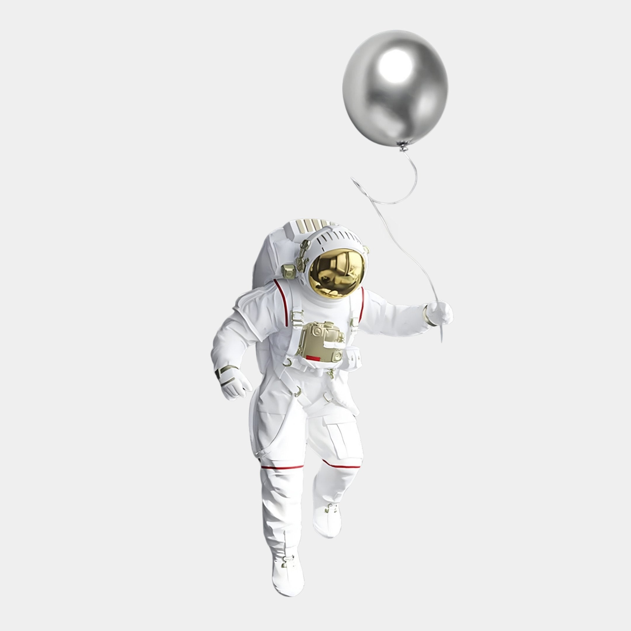 A White 3D Cosmic Lift Silver Balloon Astronaut artwork by Giant Sculptures features an astronaut in a white spacesuit with a gold visor, floating and holding a silver balloon against a light gray background.