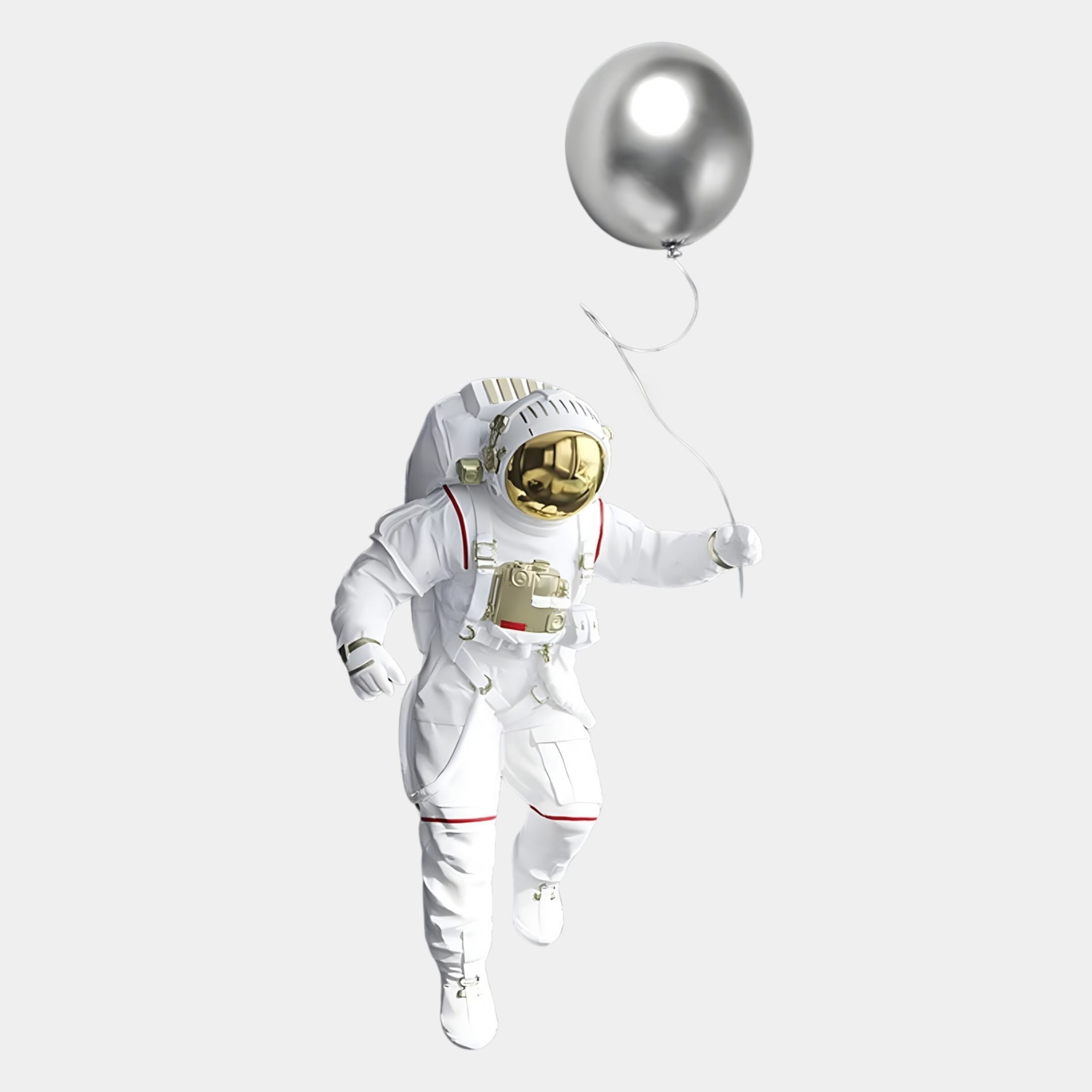 The White 3D Cosmic Lift Silver Balloon Astronaut Wall Art by Giant Sculptures features an astronaut with a gold visor holding a silver balloon—ideal space décor for a unique, modern touch.