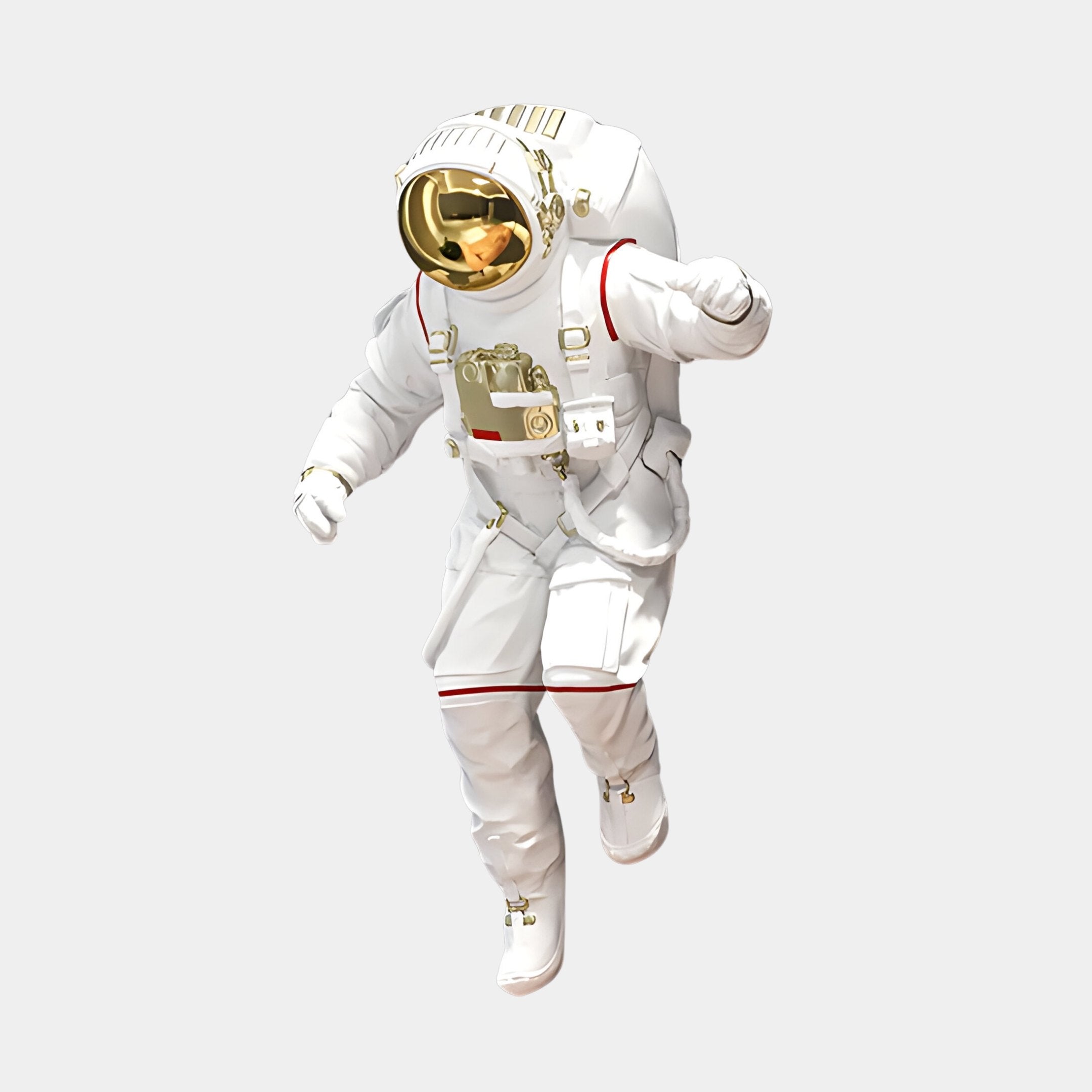 An astronaut in a white spacesuit with a gold visor floats effortlessly, resembling the White 3D Cosmic Lift Astronaut Wall Art by Giant Sculptures. The suits red accents and attachments evoke space exploration, capturing the essence of cosmic adventure.