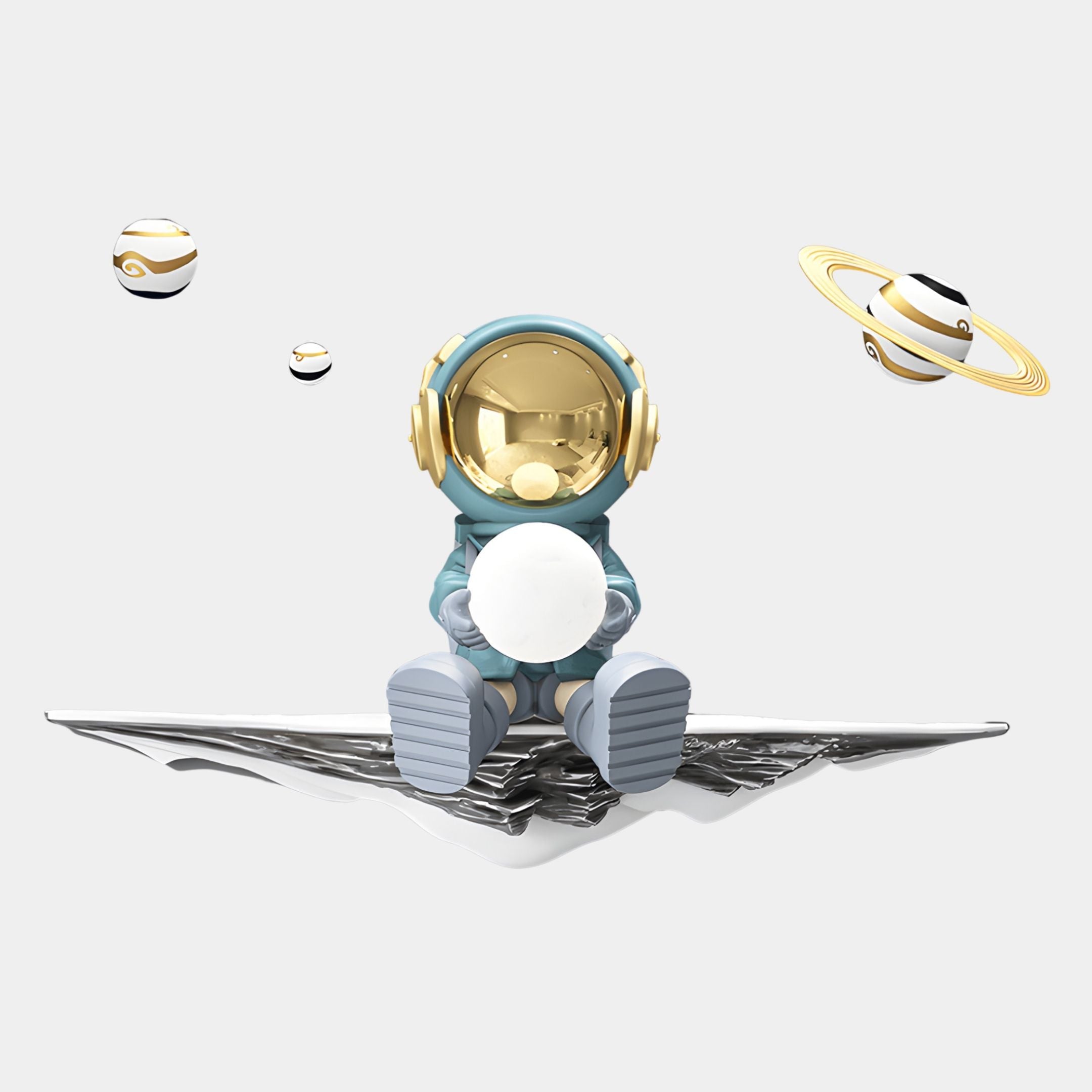 A cartoon astronaut with a gold visor sits on a metallic surface, holding a glowing sphere among three floating planets, inspired by Giant Sculptures Blue 3D Dreamer Glow Astronaut Wall Art.