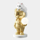 Discover the Gold Astronaut CosmoPals Glow Bear Sculpture - 80cm by Giant Sculptures: A golden bear in a sleek astronaut suit with sunglasses stands on a white base, crowned by a disinterested white cat, while holding a glowing orb, embodying futuristic design.