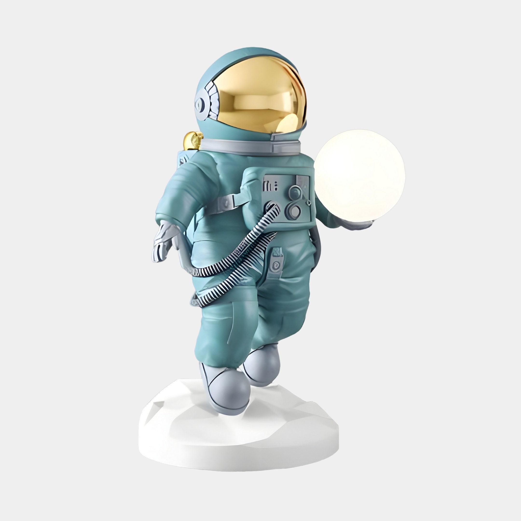 Giant Sculptures Galactic Blue Astronaut Ranger Glow Orb Sculpture (80cm) features a futuristic décor piece with a stylized galactic blue astronaut on a white base, reflective gold visor, and celestial glow orb that pops against the light gray background.