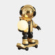 The Giant Sculptures Celestial Gold Skater Astronaut Glow Sculpture (80cm) features a gold-helmeted astronaut on a skateboard holding a glowing orb, shining against a plain light gray background under soft ambient light.