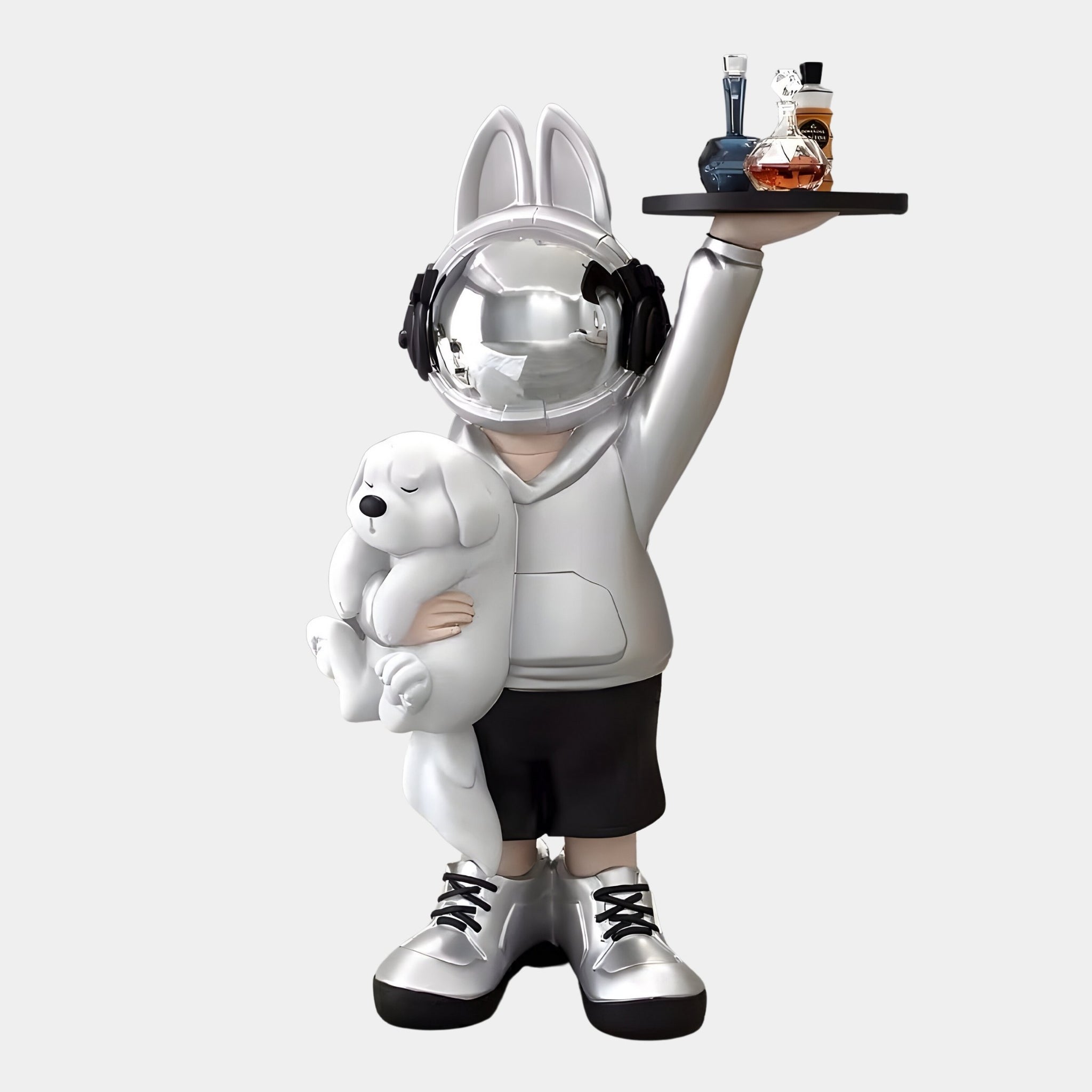 Silver Astronaut Bunny Pup Butler 80cm | Giant Sculptures