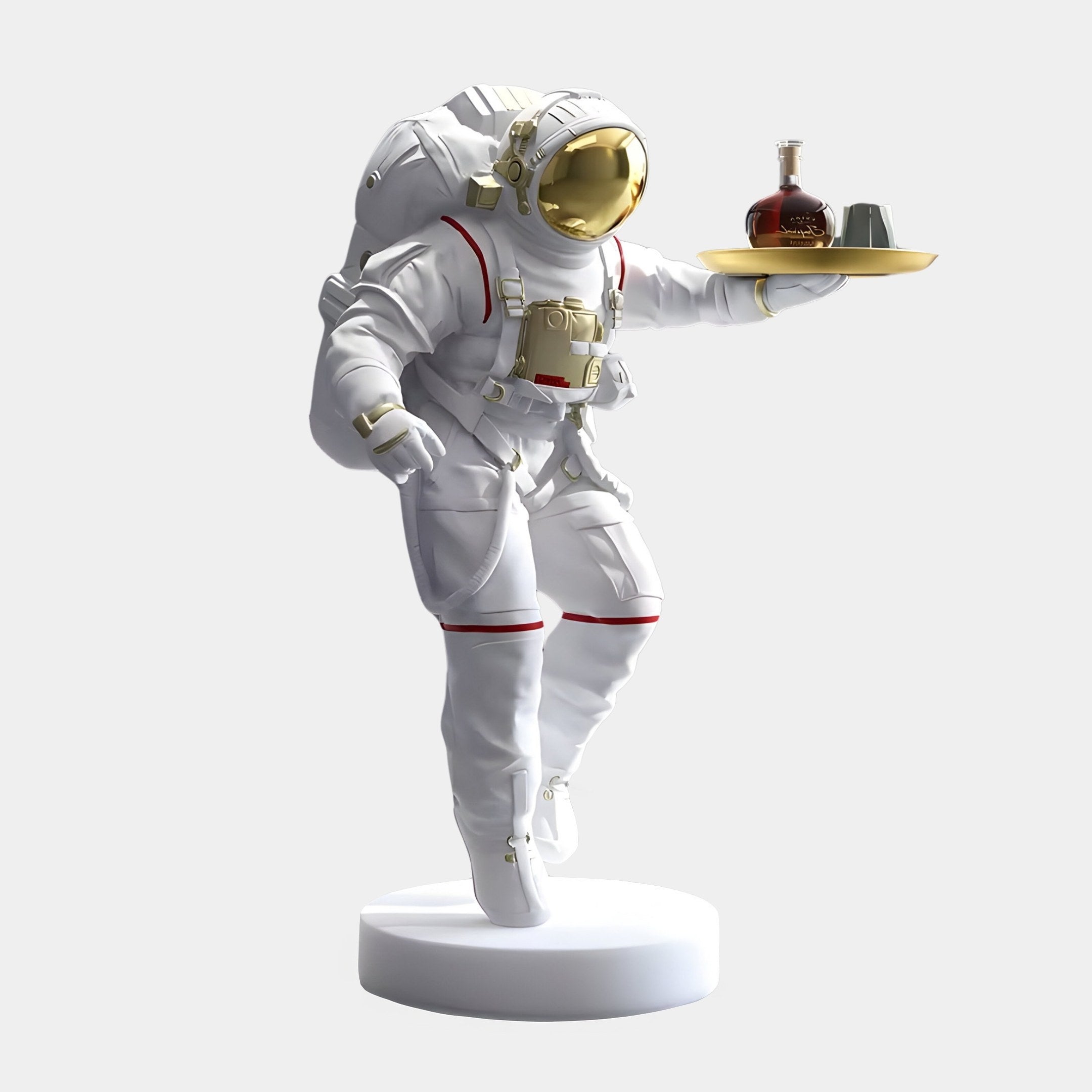 An 85cm serve sculpture by Giant Sculptures features a White Space Astronaut Explorer in a cosmic-accented suit holding a tray with a bottle and cup, combining space exploration with domestic imagery while standing on a pedestal against a simple backdrop.