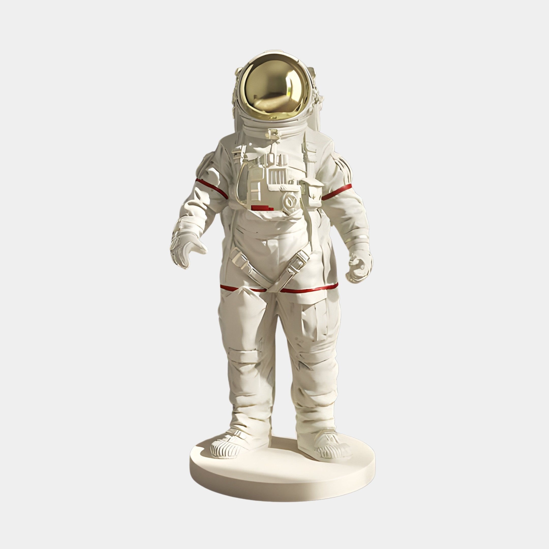 The Cloud White Space Astronaut Standing Sculpture by Giant Sculptures is a striking 88cm piece, featuring a white suit with red accents on a round base. Its gold reflective helmet and extended arms enhance its modern allure, making it ideal for space decor lovers.