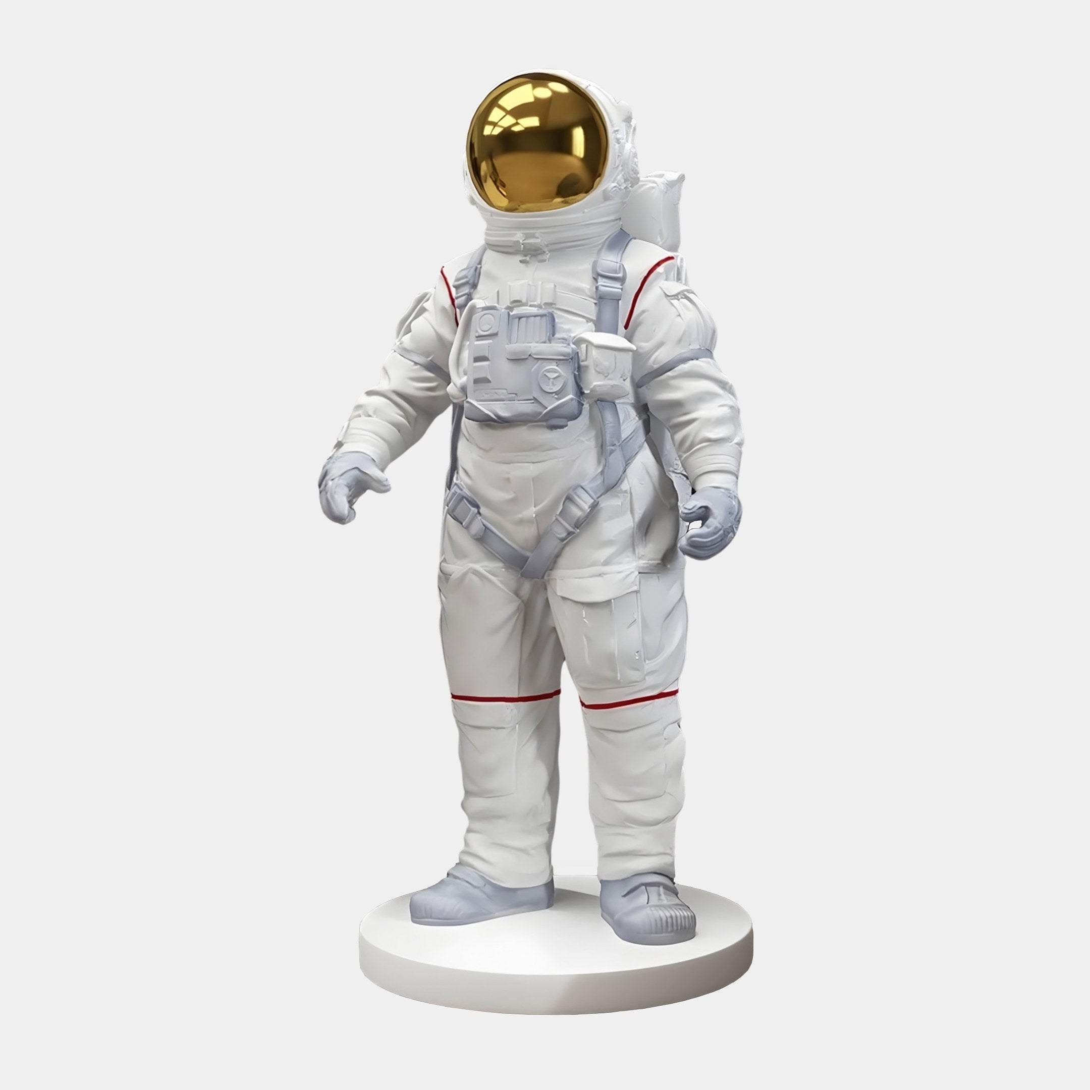 The White Space Astronaut Standing Sculpture by Giant Sculptures is an 88cm piece with a gold visor, red accents, and intricate details. Perfect as indoor decor, it stands proudly on its base against a plain white background.