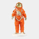 The Giant Sculptures Solar Orange Space Astronaut Standing Sculpture - 88cm features a shiny orange spacesuit with white and silver accents, reflective gold helmet, and cables on a white base—ideal for modern interiors against a light gray background.