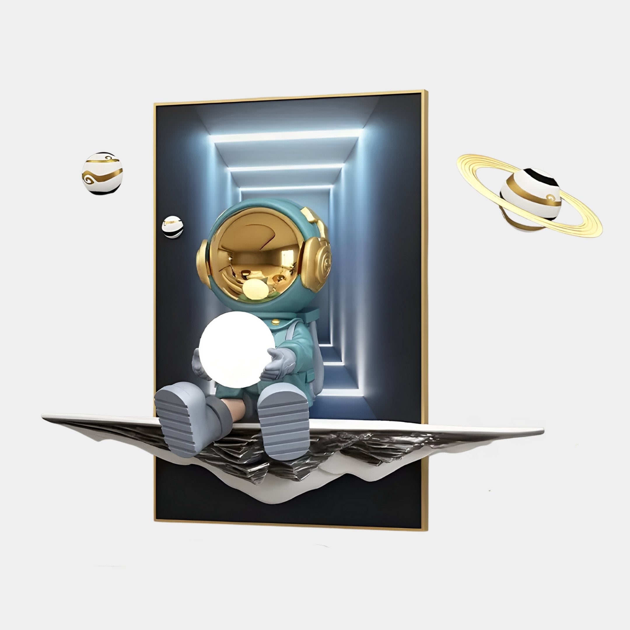 The Blue Astronaut Glow 3D Portal Wall Art by Giant Sculptures features a futuristic astronaut on a floating platform with a glowing orb in hand. Ideal for portal wall art fans, it showcases blue and white light tunnels, hovering planets, and a light gray backdrop.