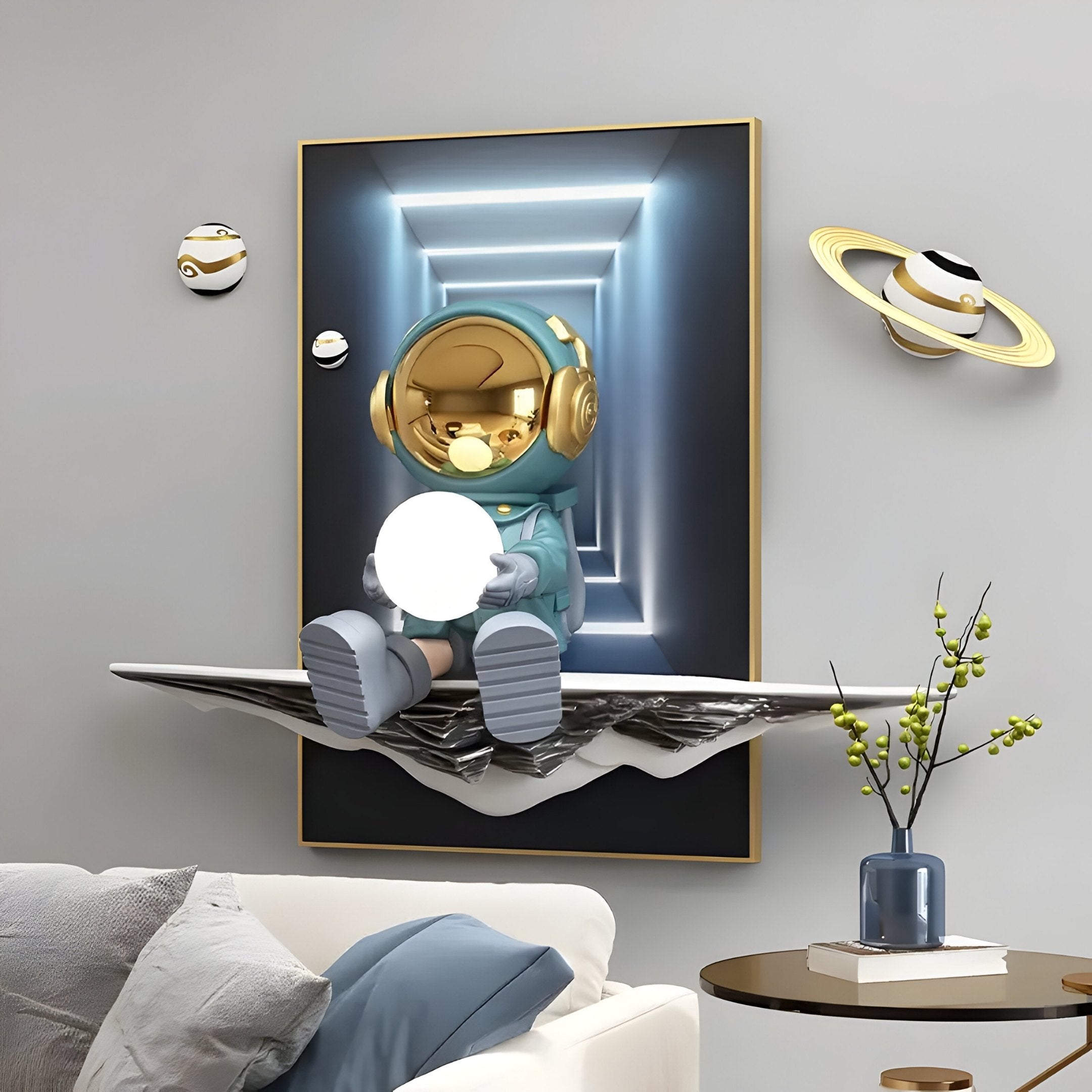 A whimsical Blue Astronaut Glow 3D figurine from Giant Sculptures sits on a modern shelf, holding a glowing sphere against portal wall art with planets, enhancing the cozy, neutral-toned living rooms futuristic décor with a small table nearby.