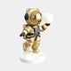 Meet the Celestial Gold Astronaut Bear Glow Sculpture by Giant Sculptures: a 90cm golden bear astronaut on a white base, holding a pristine sphere. Featuring black-accented space gear and backpack, this modern décor piece shines brilliantly against its simple backdrop.