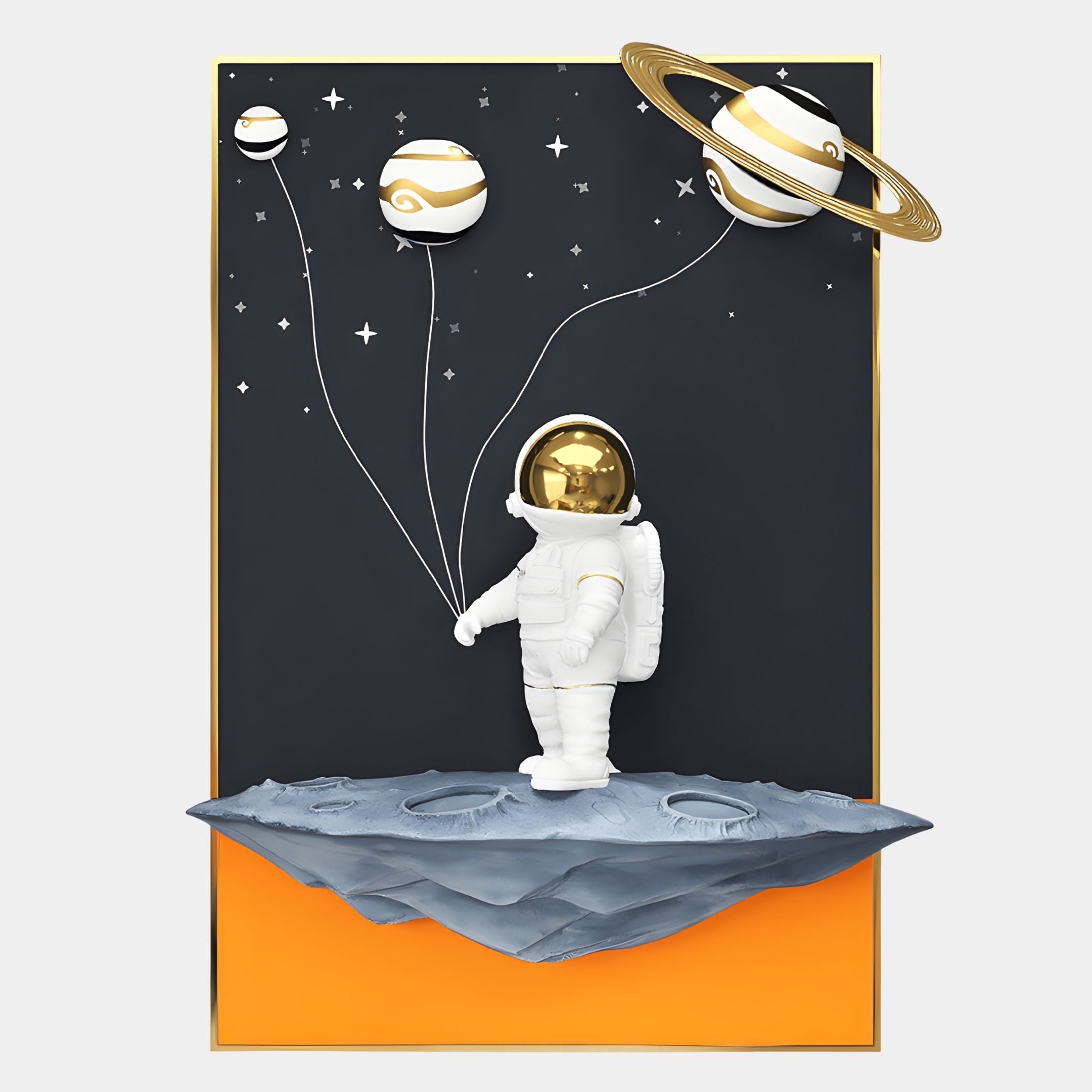 The White 3D Stellar Astronaut Planet Balloons Wall Art by Giant Sculptures features an astronaut with a gold visor on a floating gray rock, holding planet balloons against a dark starry sky—ideal for cosmic-themed décor.