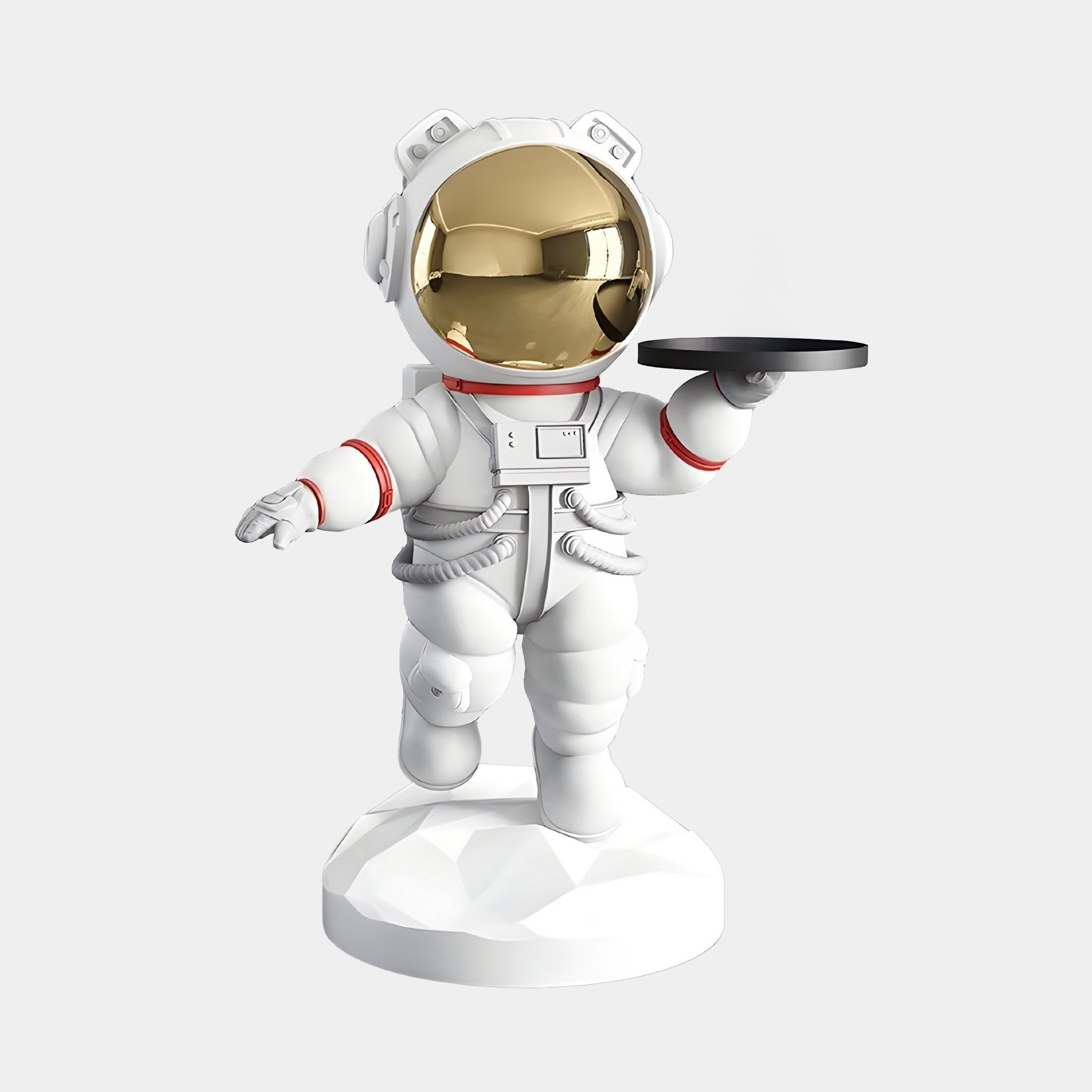 The 90cm Nova White Astronaut Bear Butler Sculpture by Giant Sculptures features a shiny gold visor and a black platter, with red-accented space suit details, standing on a textured white base. It adds a playful, futuristic touch to imaginative décor.