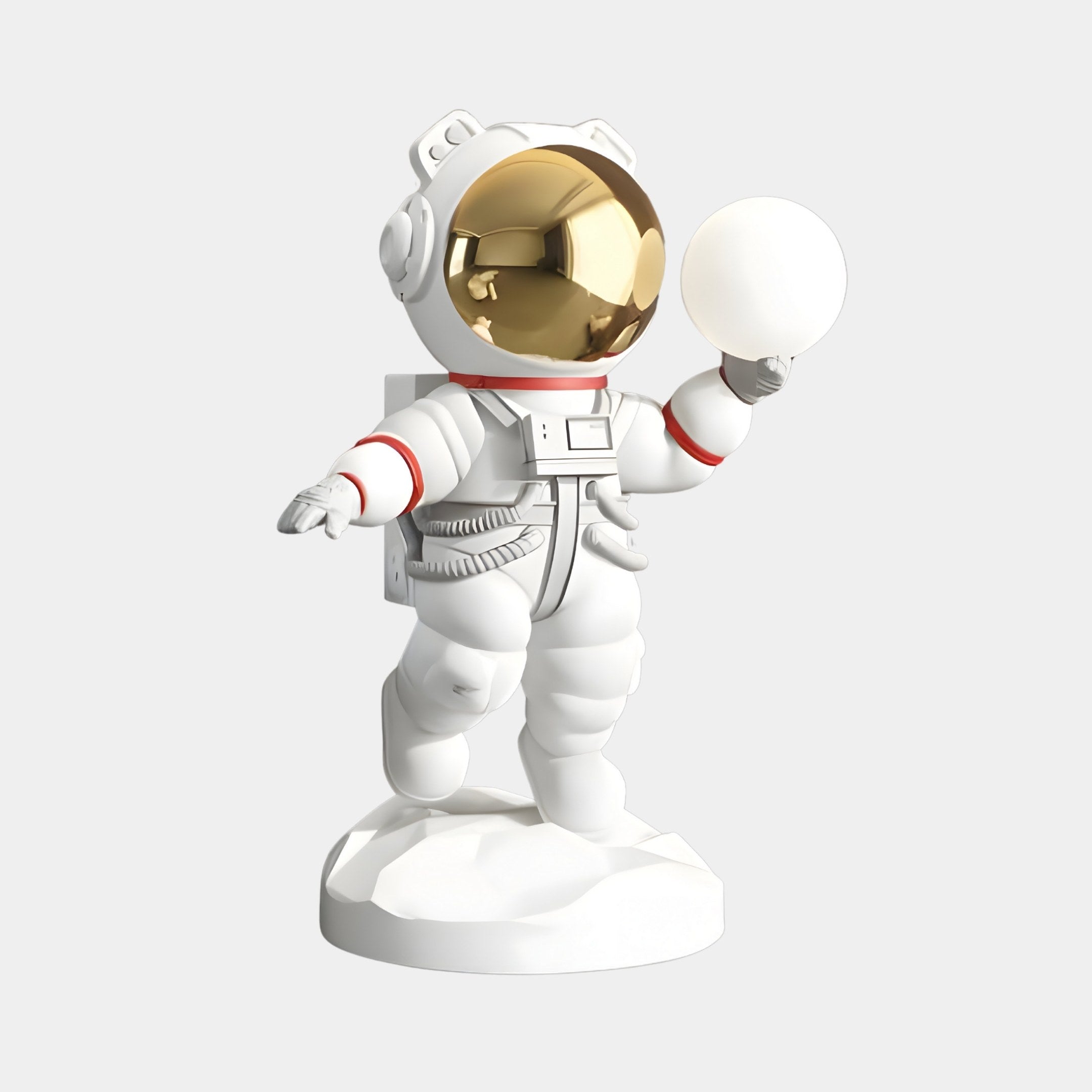 The Nova White Astronaut Bear Glow Sculpture by Giant Sculptures is a 90cm astronaut figurine featuring a white spacesuit with red space-themed accents and a reflective gold visor, holding a spherical object. It stands on a circular base, capturing cosmic wonder perfectly.