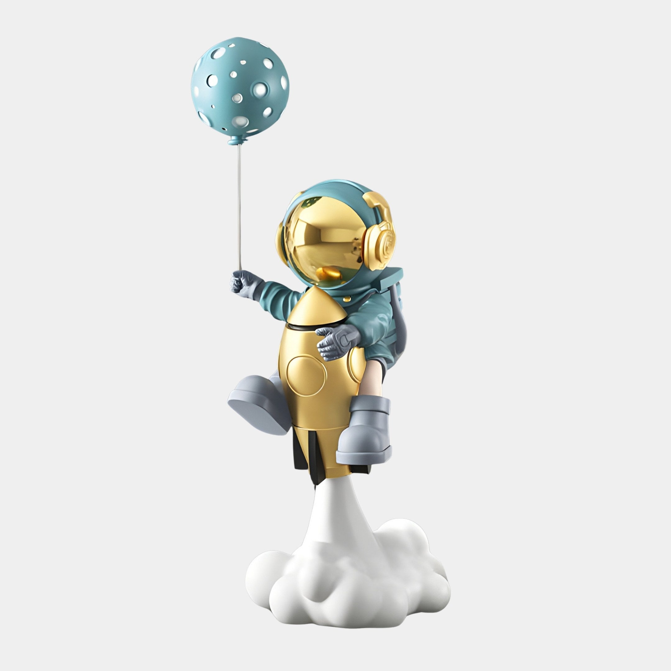 The Galactic Blue Astronaut Rocket Lift-Off Balloon Sculpture by Giant Sculptures features a 95cm Resin Figure with a golden-helmeted astronaut, headphones, and a teal polka-dotted balloon on a cloud, blending whimsical space travel and fantastical themes.