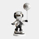 The Lunar Silver Astronaut Moon Balloon Sculpture by Giant Sculptures, standing at 96cm, features a cosmic design with a helmet, black headphones, and metallic jacket. It stands on a round base holding a moon-patterned balloon, making it an eye-catching centerpiece against any plain background.